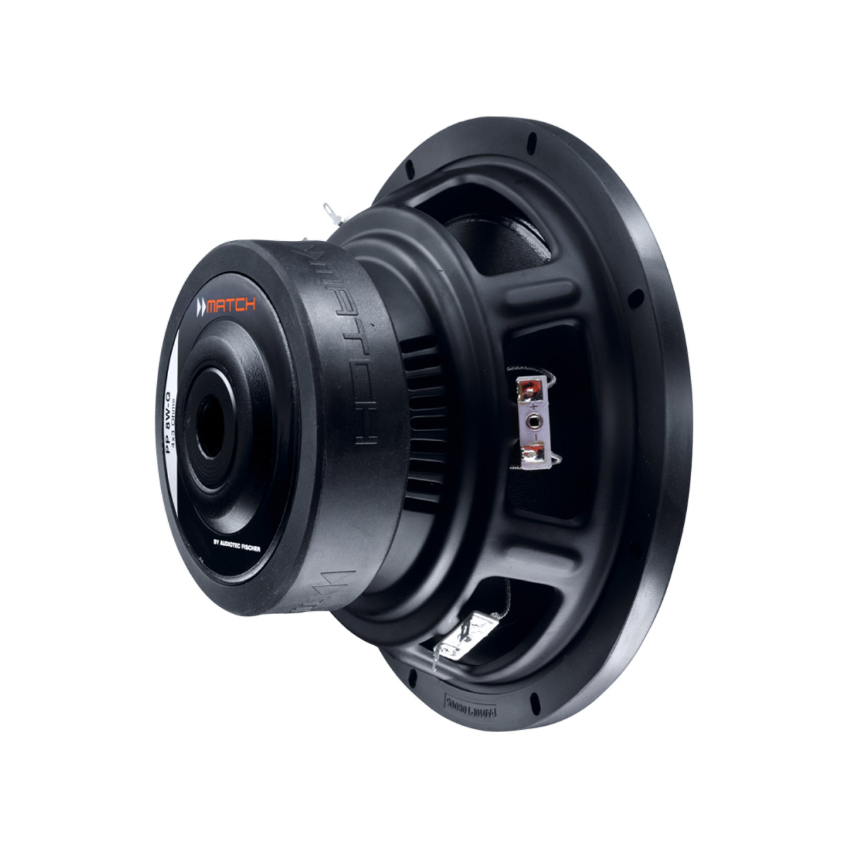 Schwarzer Subwoofer-Lautsprecher mit orangefarbenem Logo und weißem Text auf Weiß.