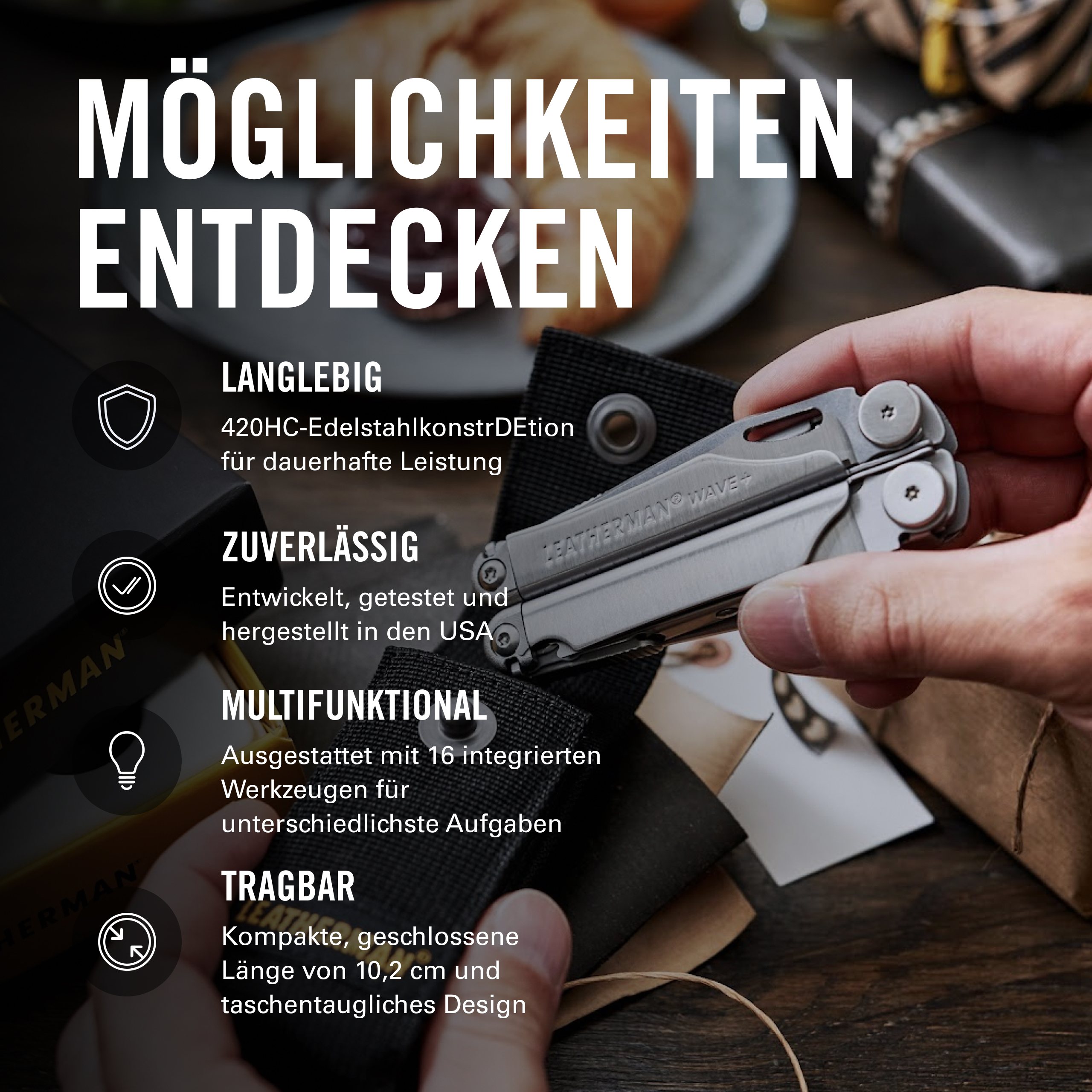 Eine Hand hält ein Leatherman Multitool mit Text über Langlebigkeit, Zuverlässigkeit, Multifunktionalität und Tragbarkeit.