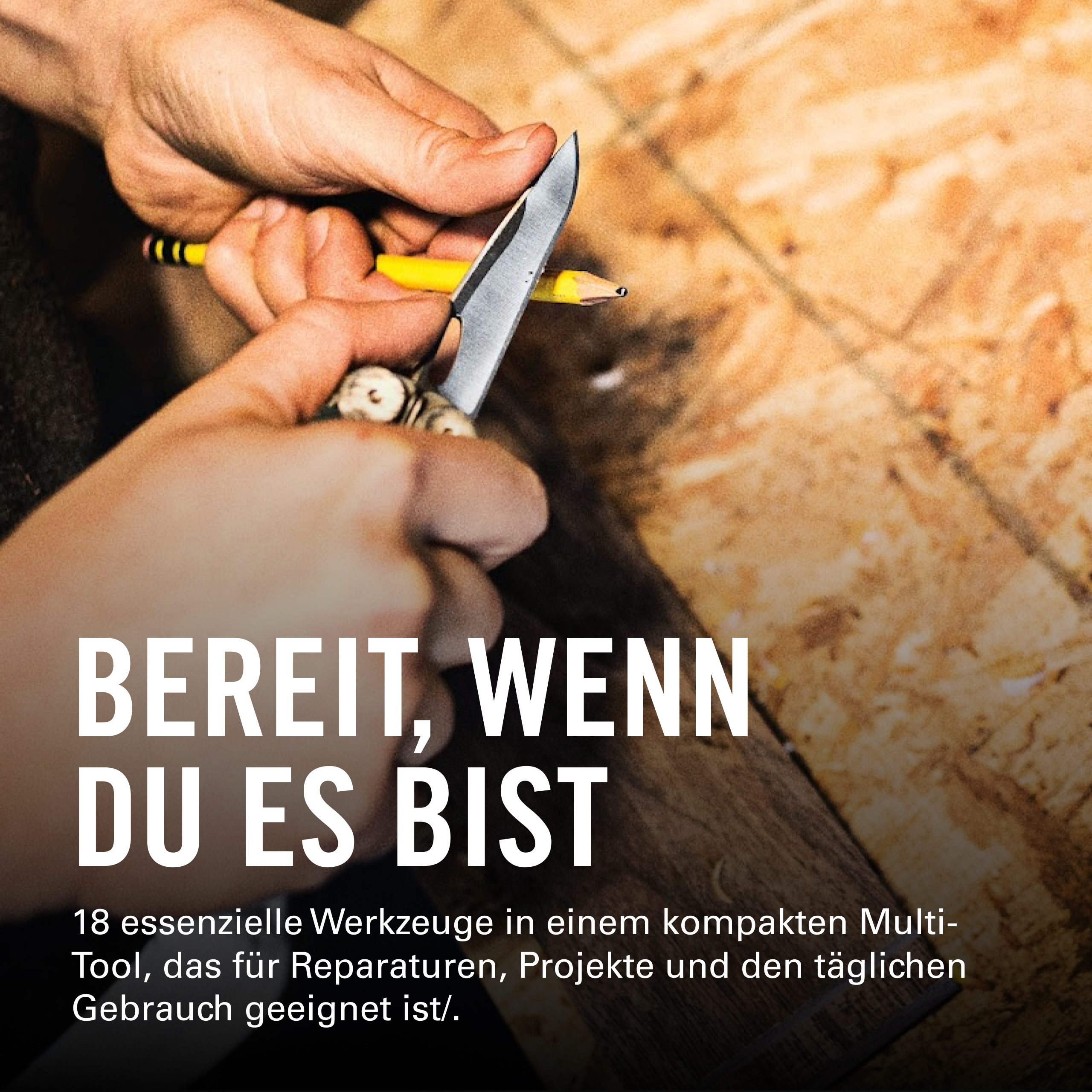 Hände schärfen einen Bleistift mit einem Messer. Text: Bereit, wenn du es bist.