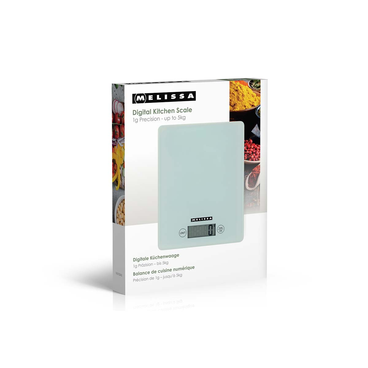 White digital kitchen scale with Melissa logo on display.