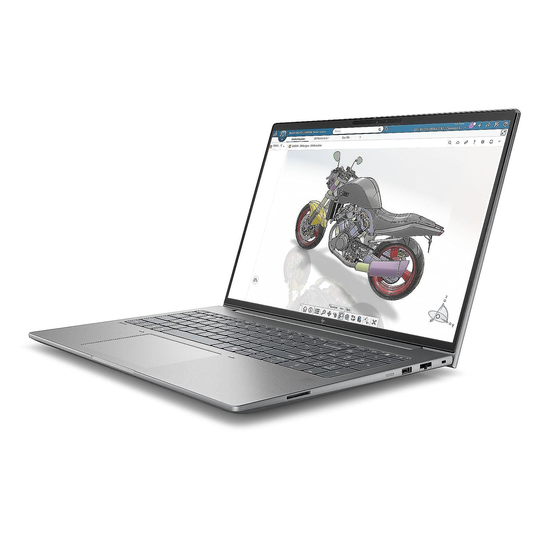 Un laptop mostra un modello 3D di moto in software CAD.