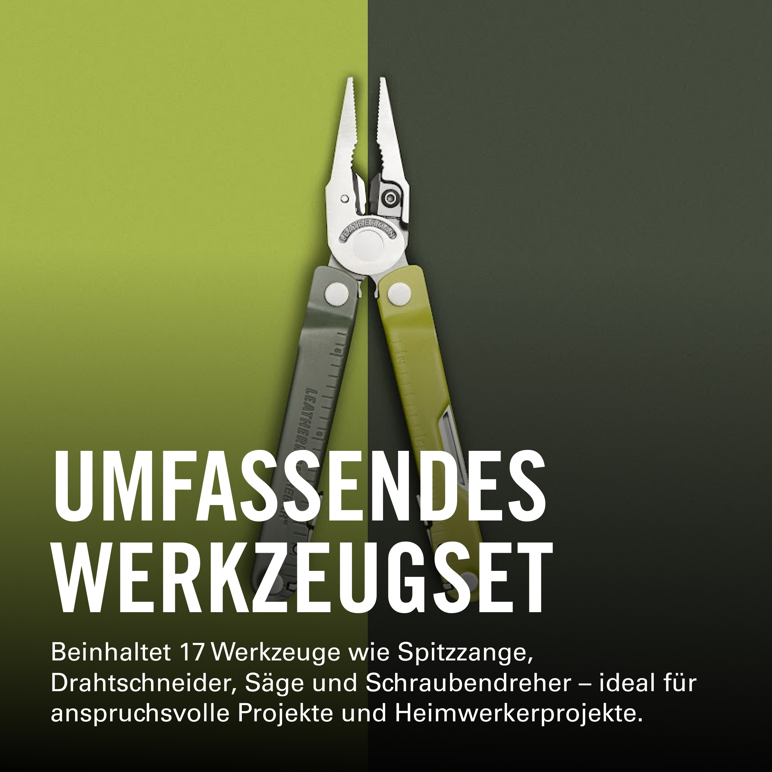 Ein Multitool mit Zange, Schraubendreher und Säge auf grün-dunklem Hintergrund.