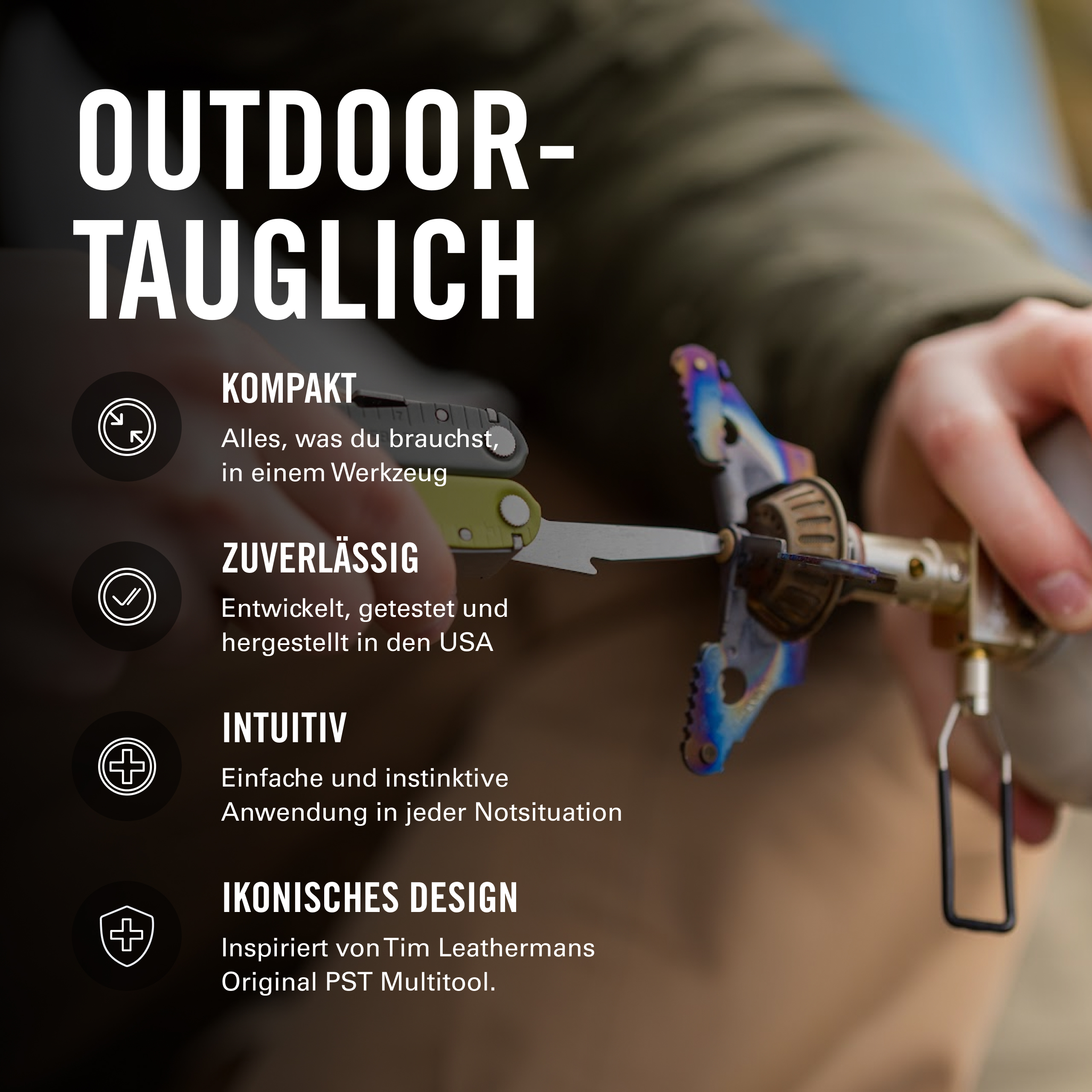 Outdoor-taugliches Multitool mit Symbolen für kompakt, zuverlässig, intuitiv, ikonisch.
