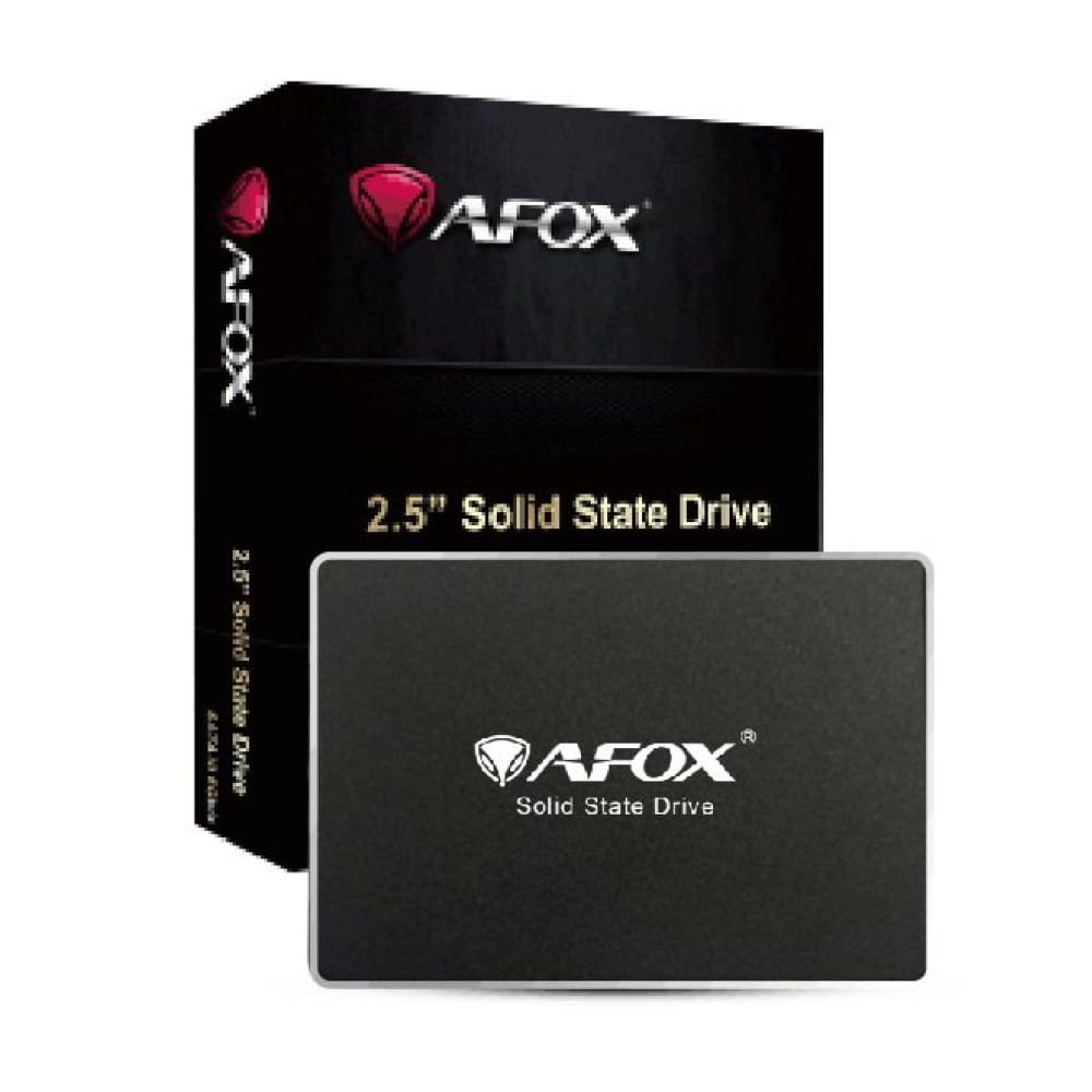 Czarny dysk SSD AFOX 2.5" z czarno-czerwonym pudełkiem za nim, na białym tle.