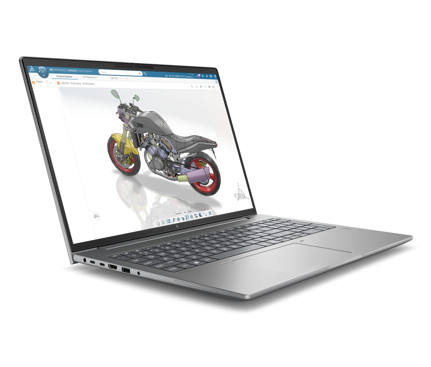 Un laptop visualizza un modello 3D di una moto con serbatoio giallo e ruote rosse.