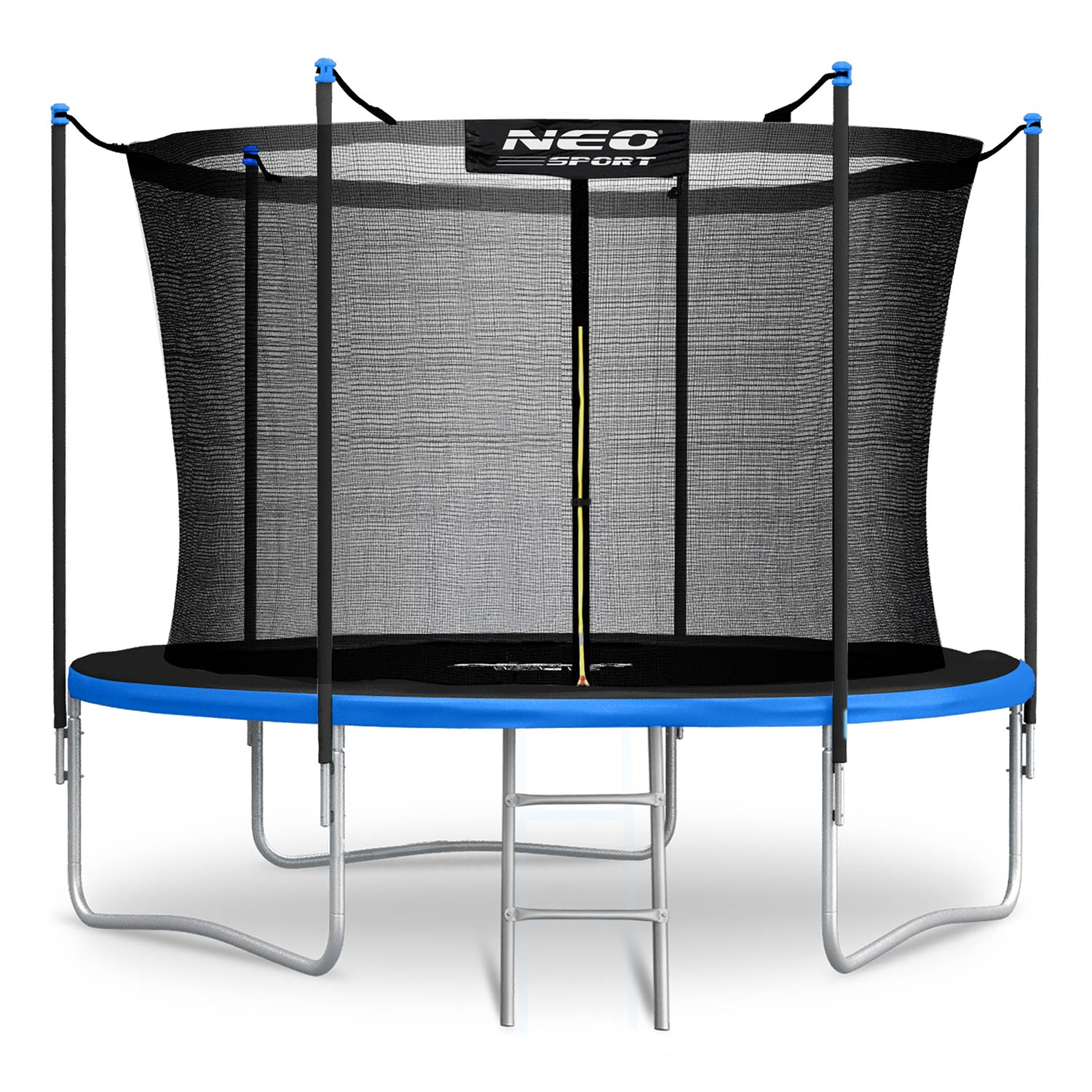 Trampolina z siatką zabezpieczającą i drabiną, niebiesko-czarna.