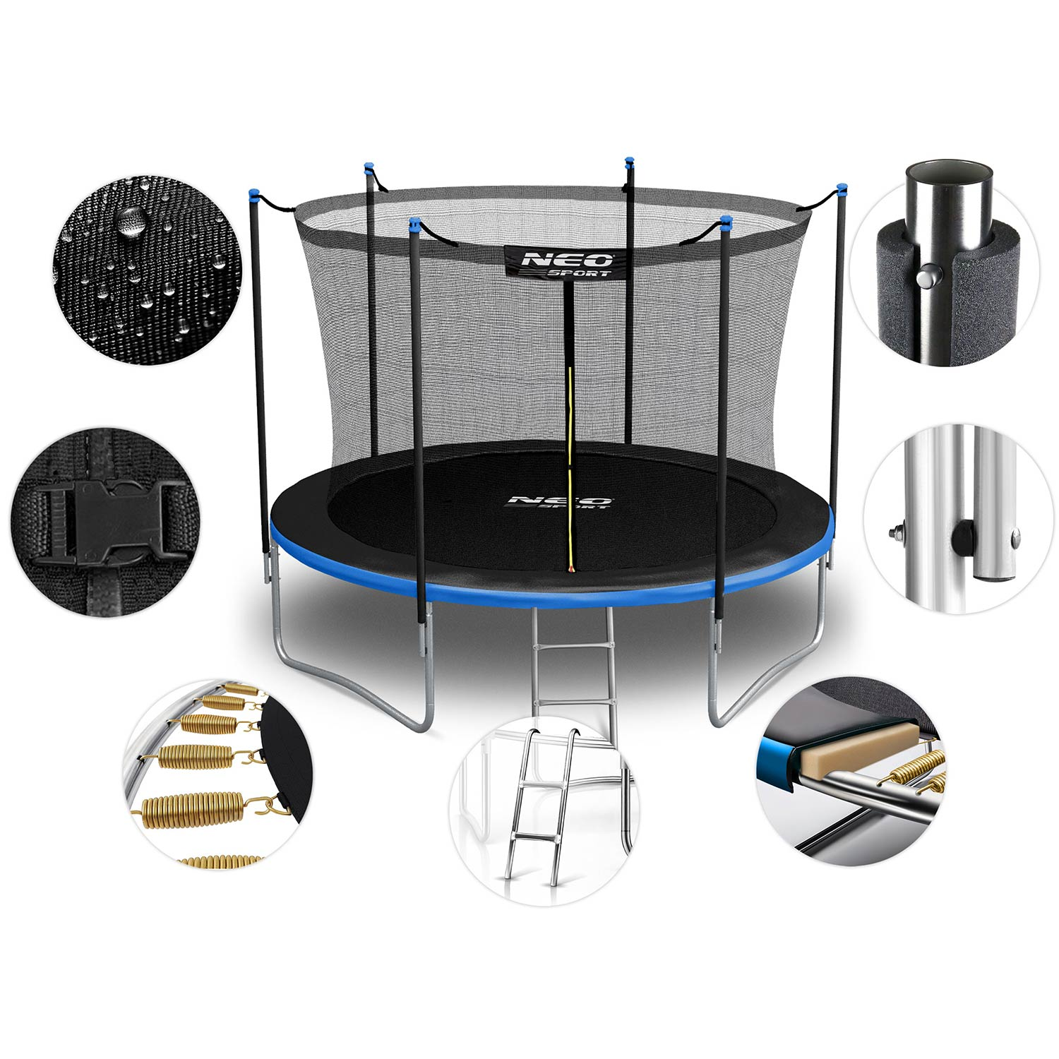 Czarno-niebieska trampolina z siatką bezpieczeństwa, drabiną i szczegółowymi zbliżeniami jej wodoodpornego materiału, sprężyn i ramy.