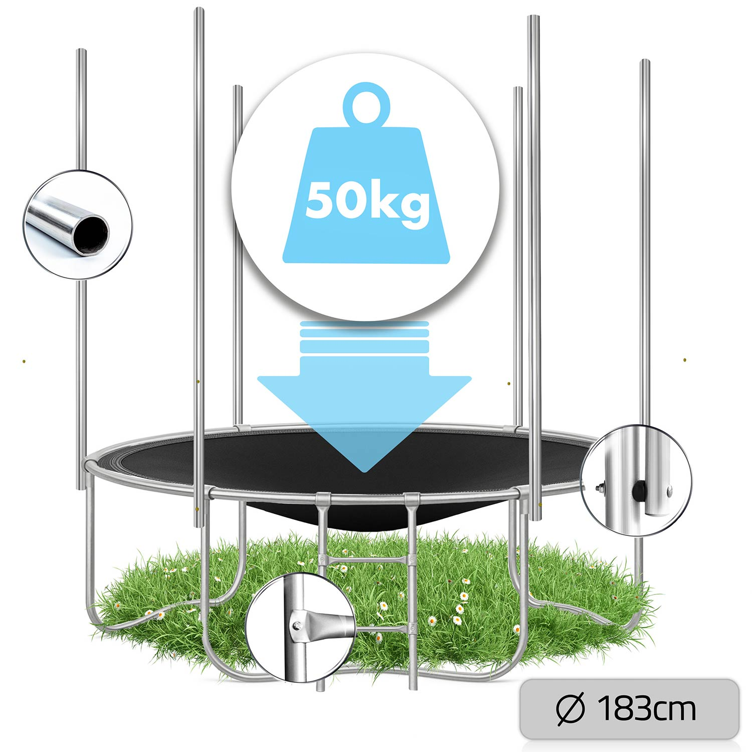 Trampolina 183cm średnicy, udźwig 50kg, metalowa rama na trawie.