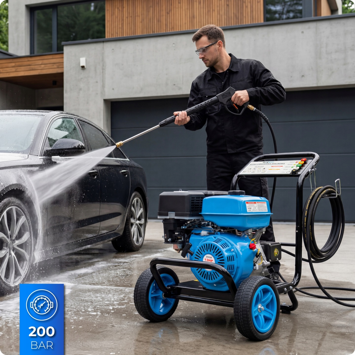 Mann reinigt schwarzes Auto mit blauem Hochdruckreiniger vor modernem Haus.