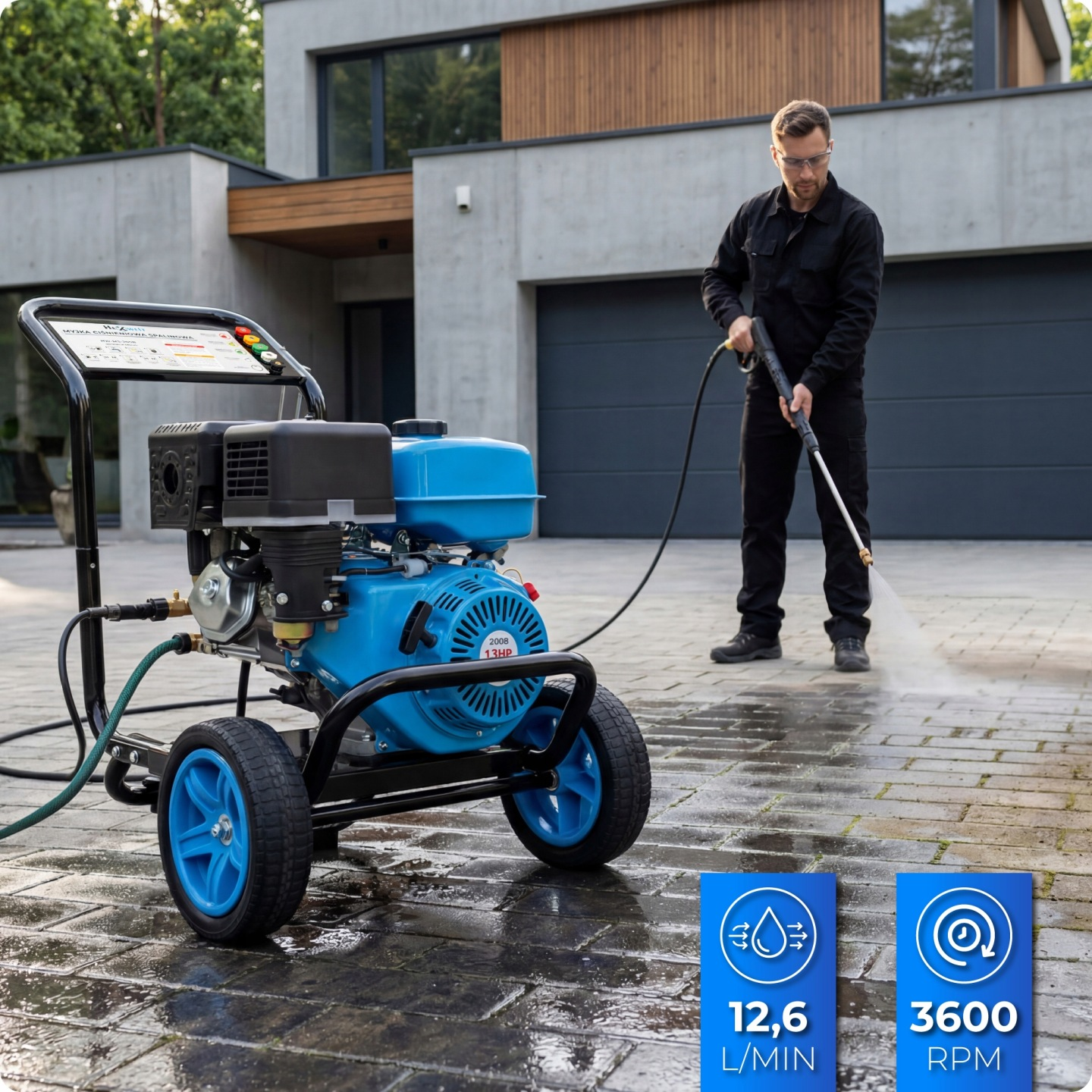 Mann reinigt Hof mit blauem Hochdruckreiniger. 12,6 L/MIN, 3600 U/MIN.