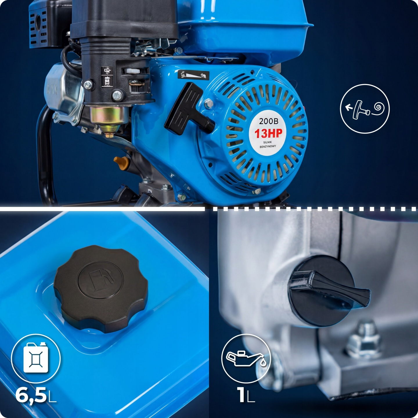 Motor mit 13PS, 200B, 6,5L Kraftstofftank, 1L Ölkapazität.