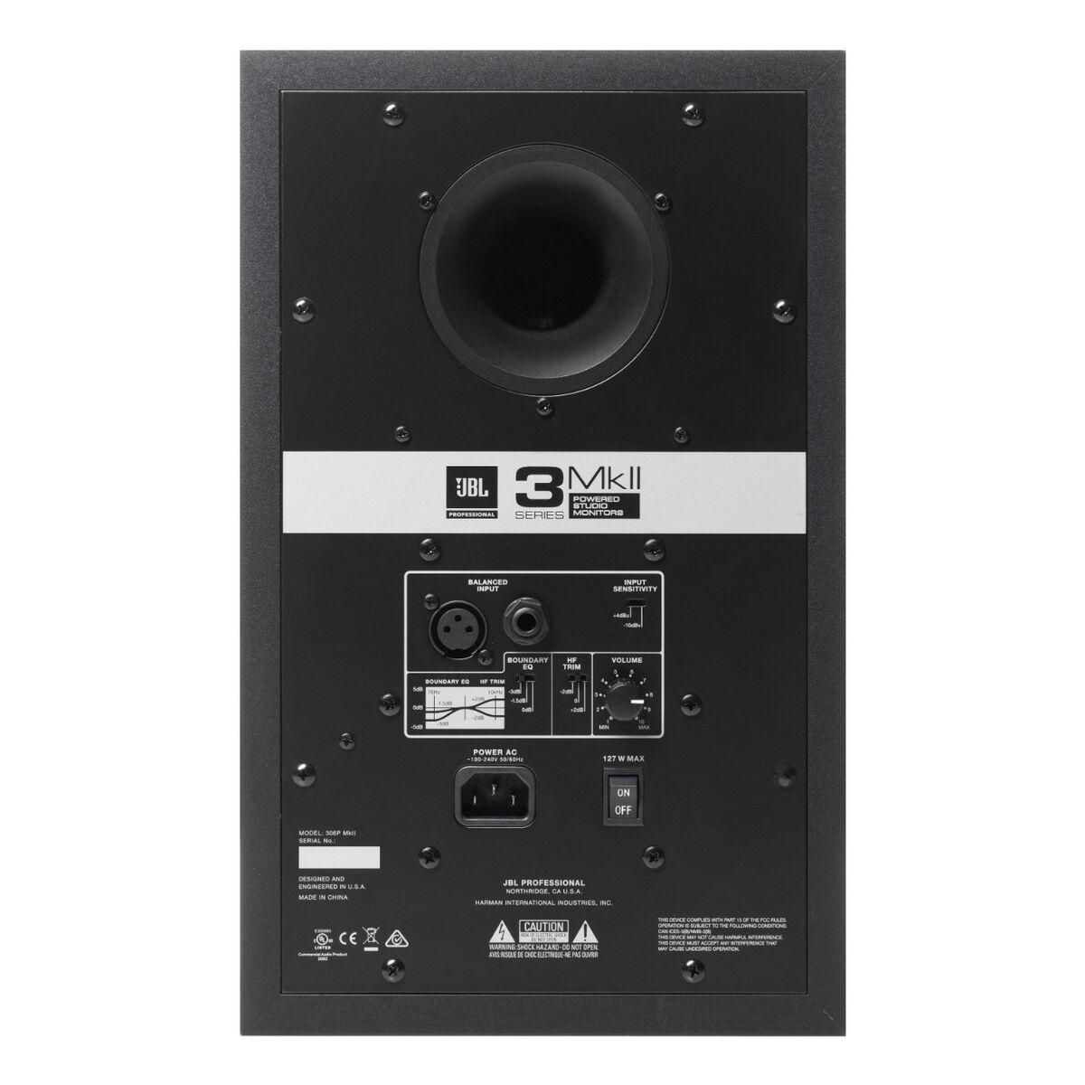 Tył czarnego monitora studyjnego JBL 306P MkII z portami i elementami sterującymi.