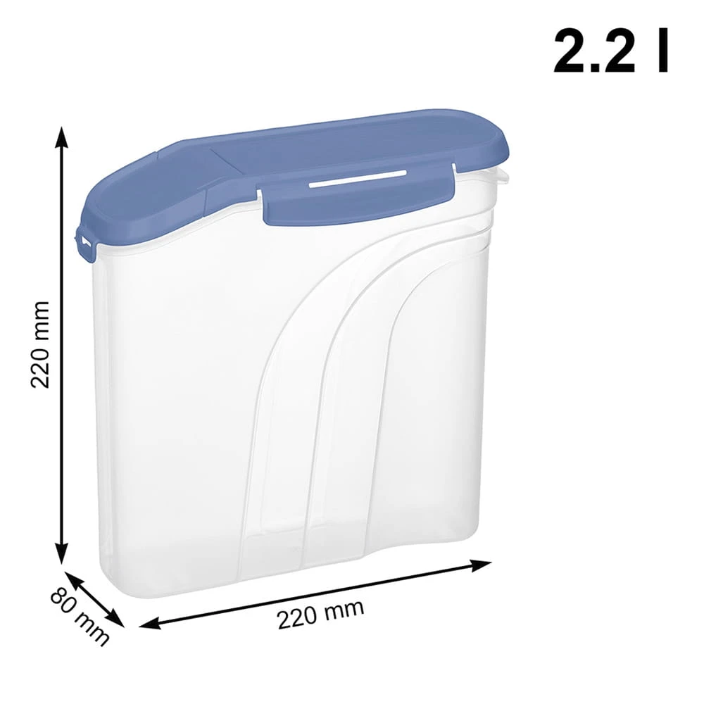 Przezroczysty pojemnik z niebieską pokrywką, wysokość 220 mm.