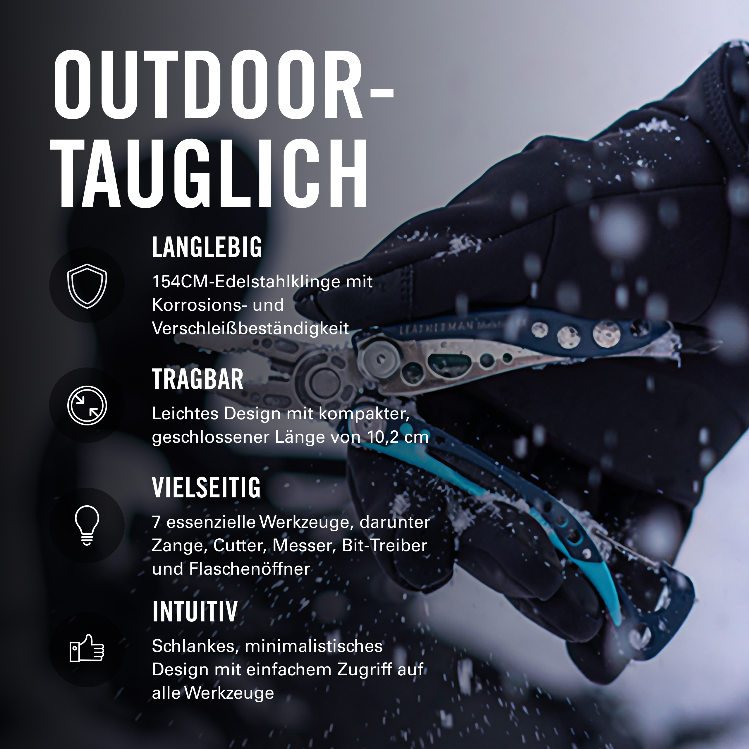 Hände in Handschuhen halten ein Werkzeug im Schnee. Text beschreibt Langlebigkeit.