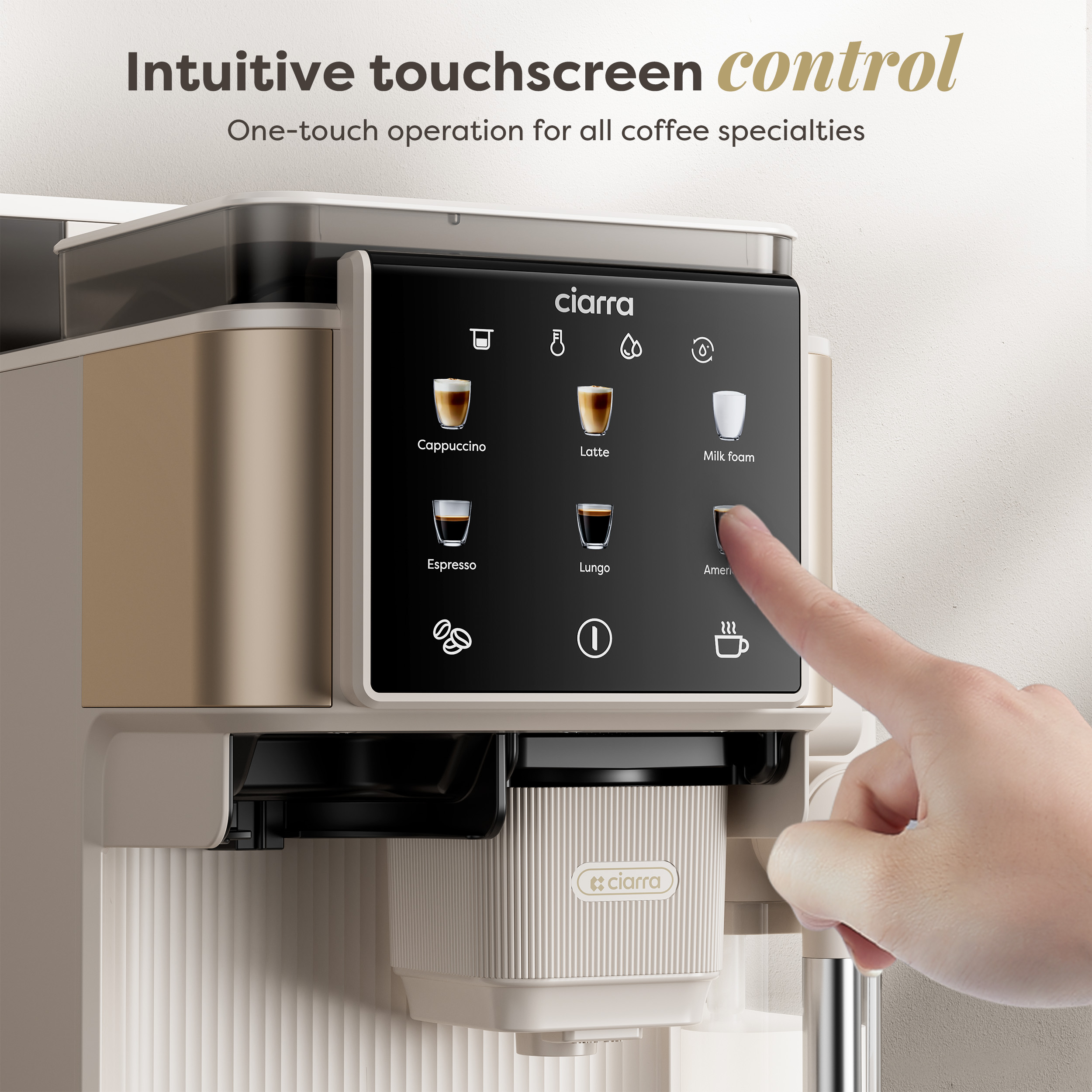Un dedo presiona la pantalla de una cafetera con opciones de bebidas como capuchino y espresso.