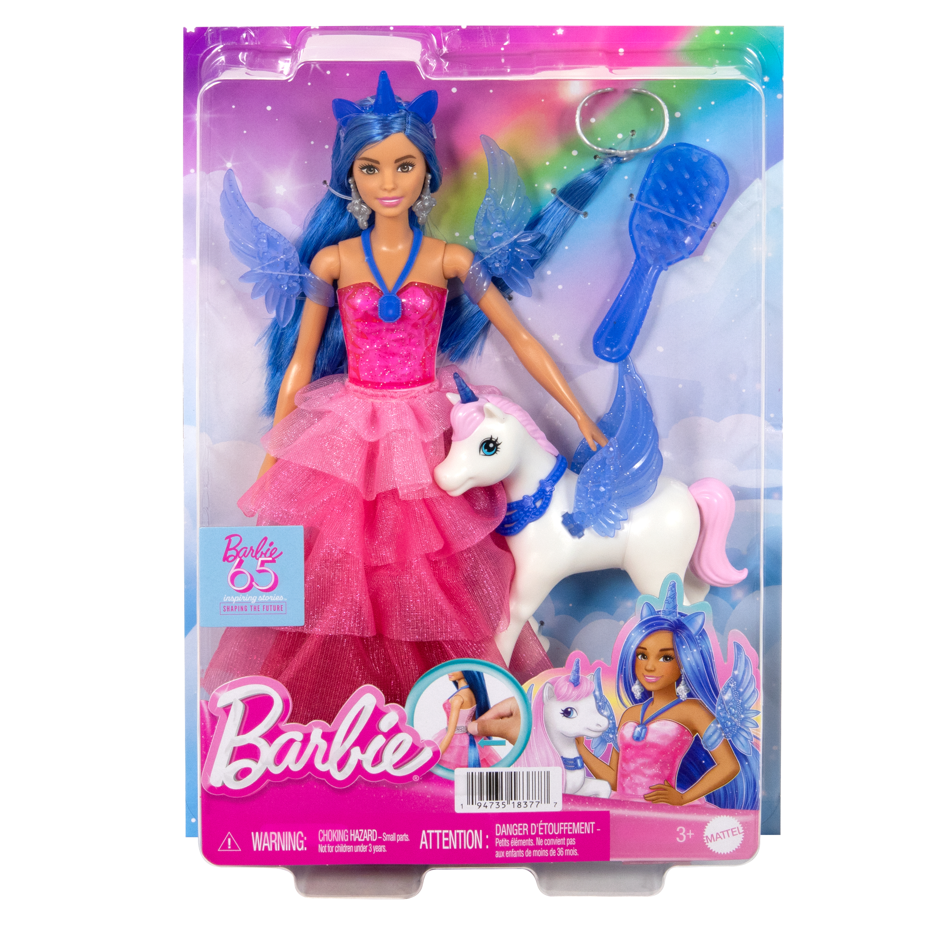 Barbie mit blauem Haar und Fee-Flügeln neben einem weißen Einhorn in Geschenkverpackung.