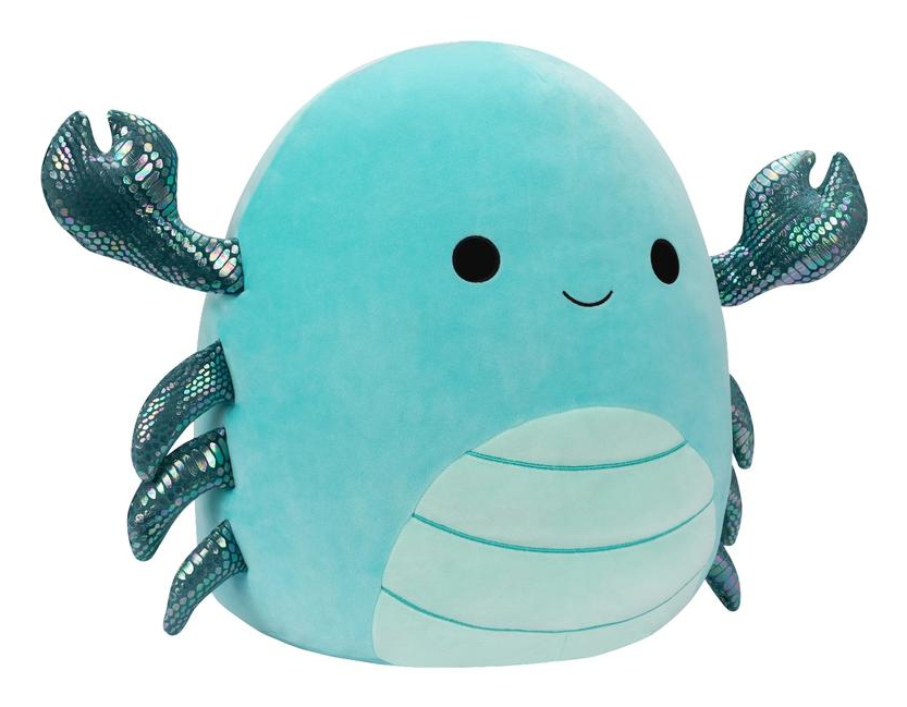 Ein teal Krabben Plüschtier mit schwarzen Augen und einem Lächeln.