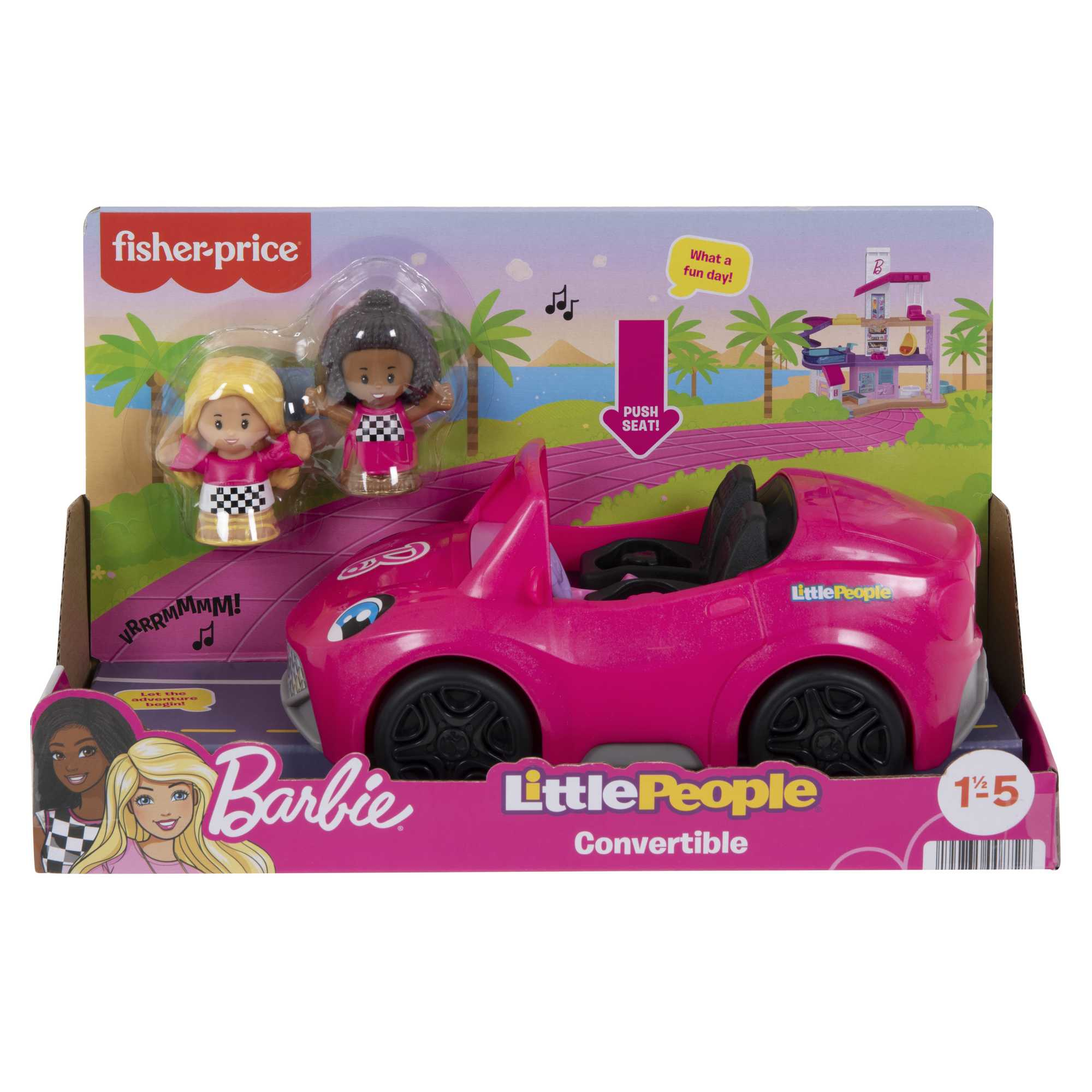 Un coche descapotable rosa con dos figuras y una casa de juegos al fondo.