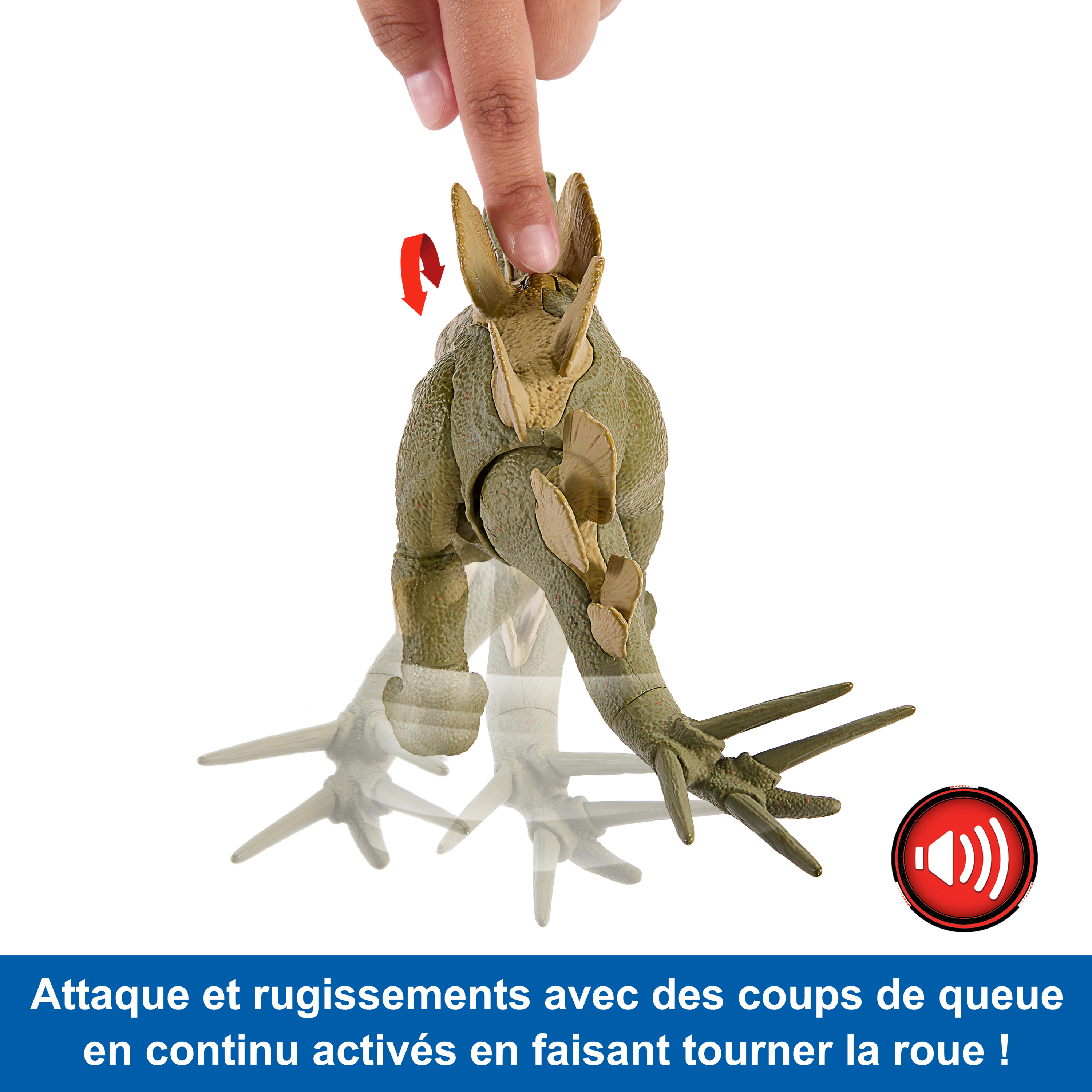 Un juguete de dinosaurio verde con un dedo presionándolo. Icono de sonido.