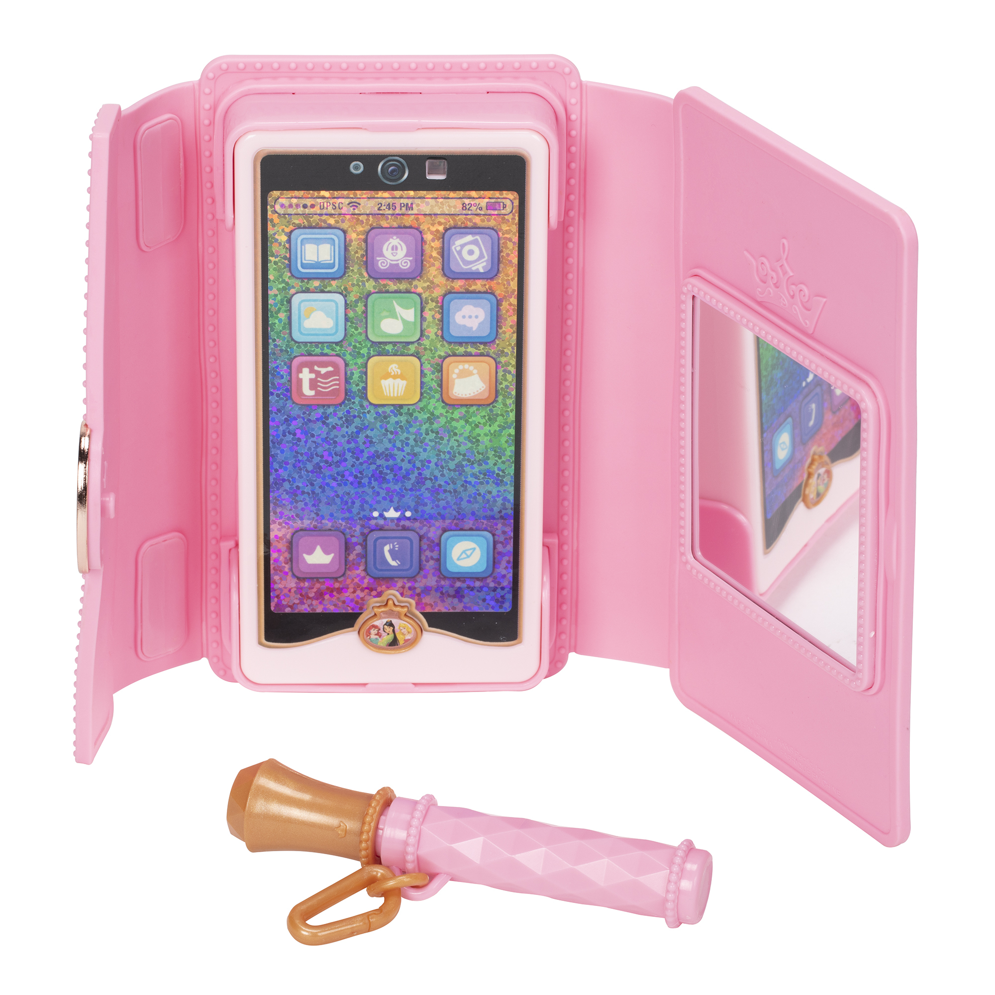 Un teléfono de juguete rosa con tapa abatible y espejo. Un peine dorado al lado.