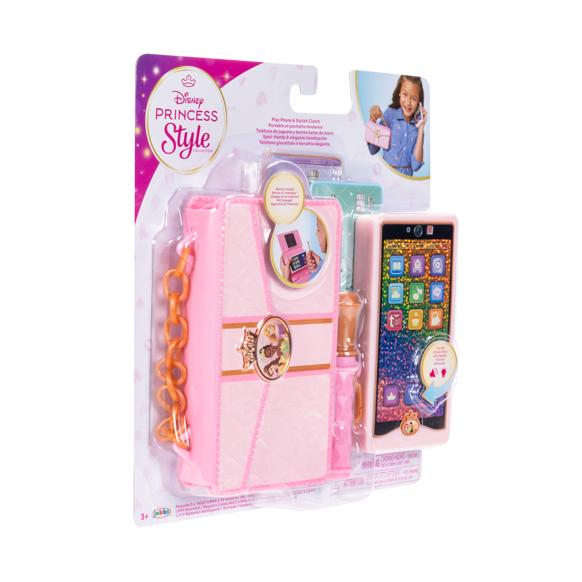 Empaque de juguete Disney Princess: bolso rosa, teléfono y accesorios para niños.