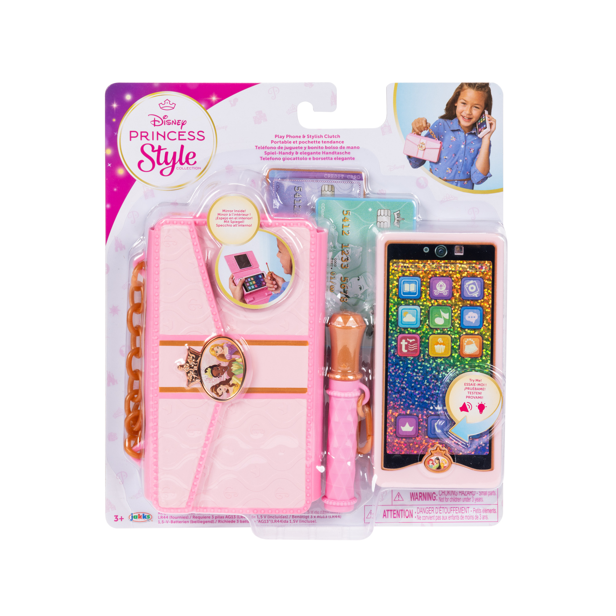 Teléfono de juguete y bolso Disney Princess con cadena, maquillaje y tarjetas.