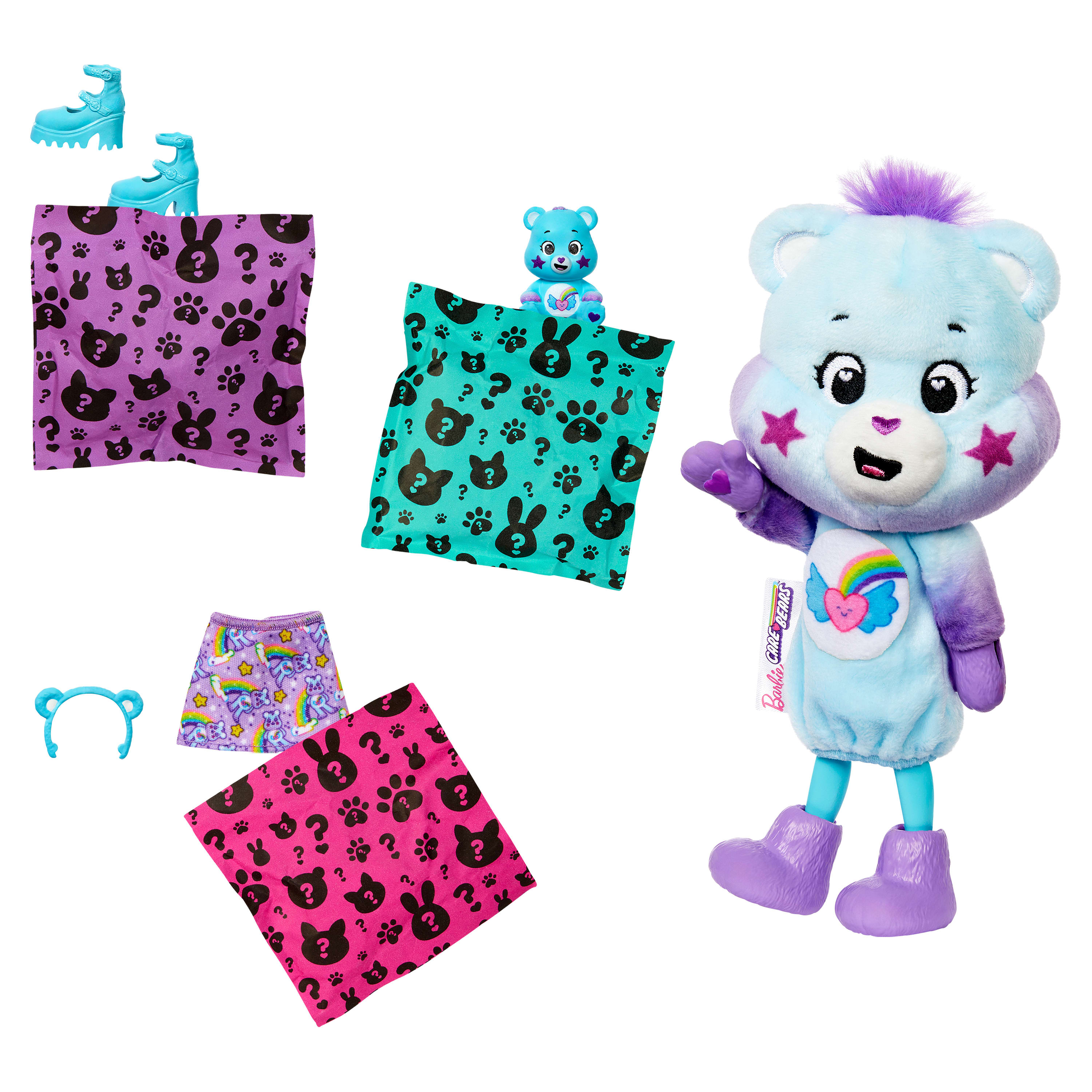 Ein hellblauer Teddybär mit lila Haaren und Sternen auf den Wangen.