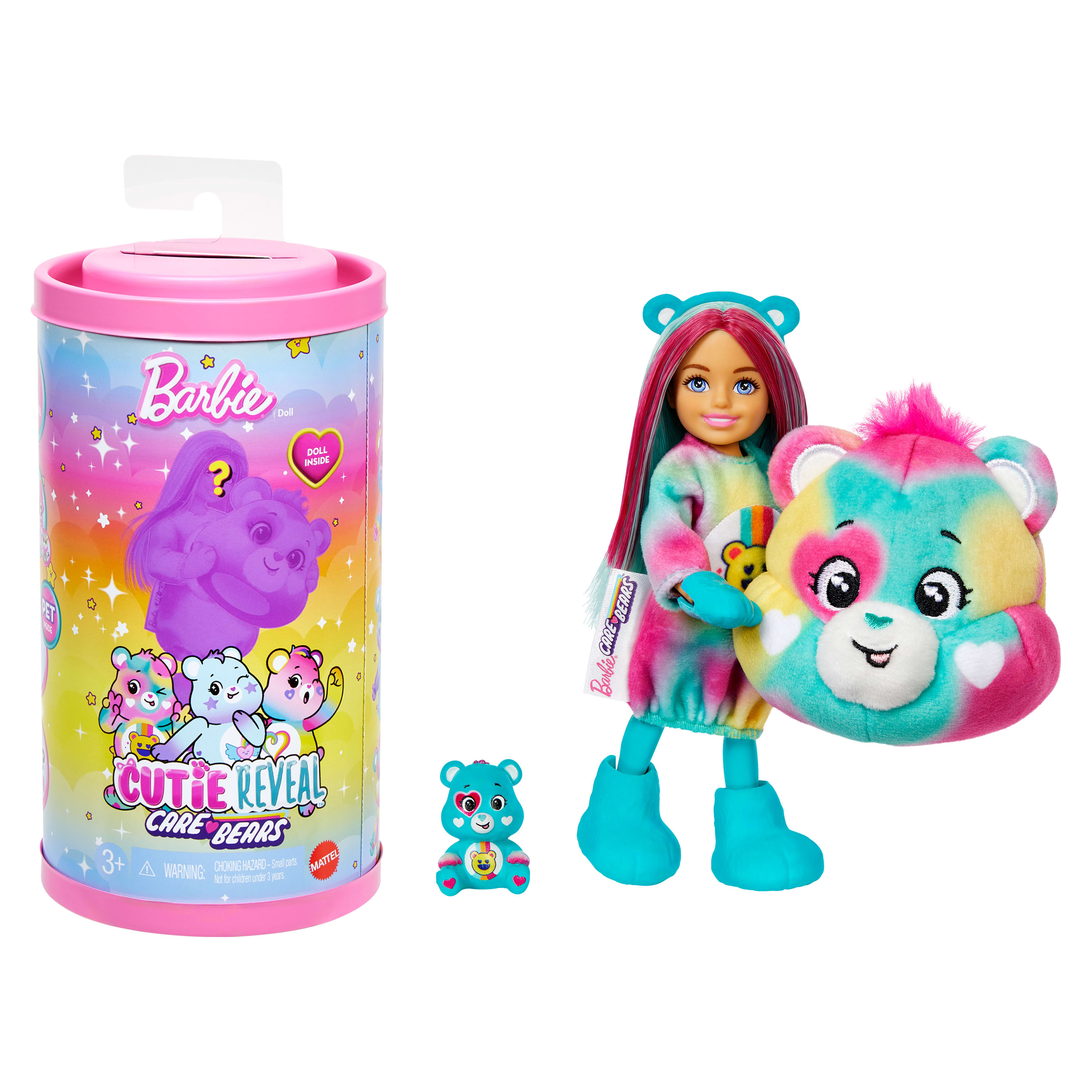 Barbie Cutie Reveal mit Care Bears-Thema: Puppe, Plüsch-Bär, kleiner Bär und Zylinder.
