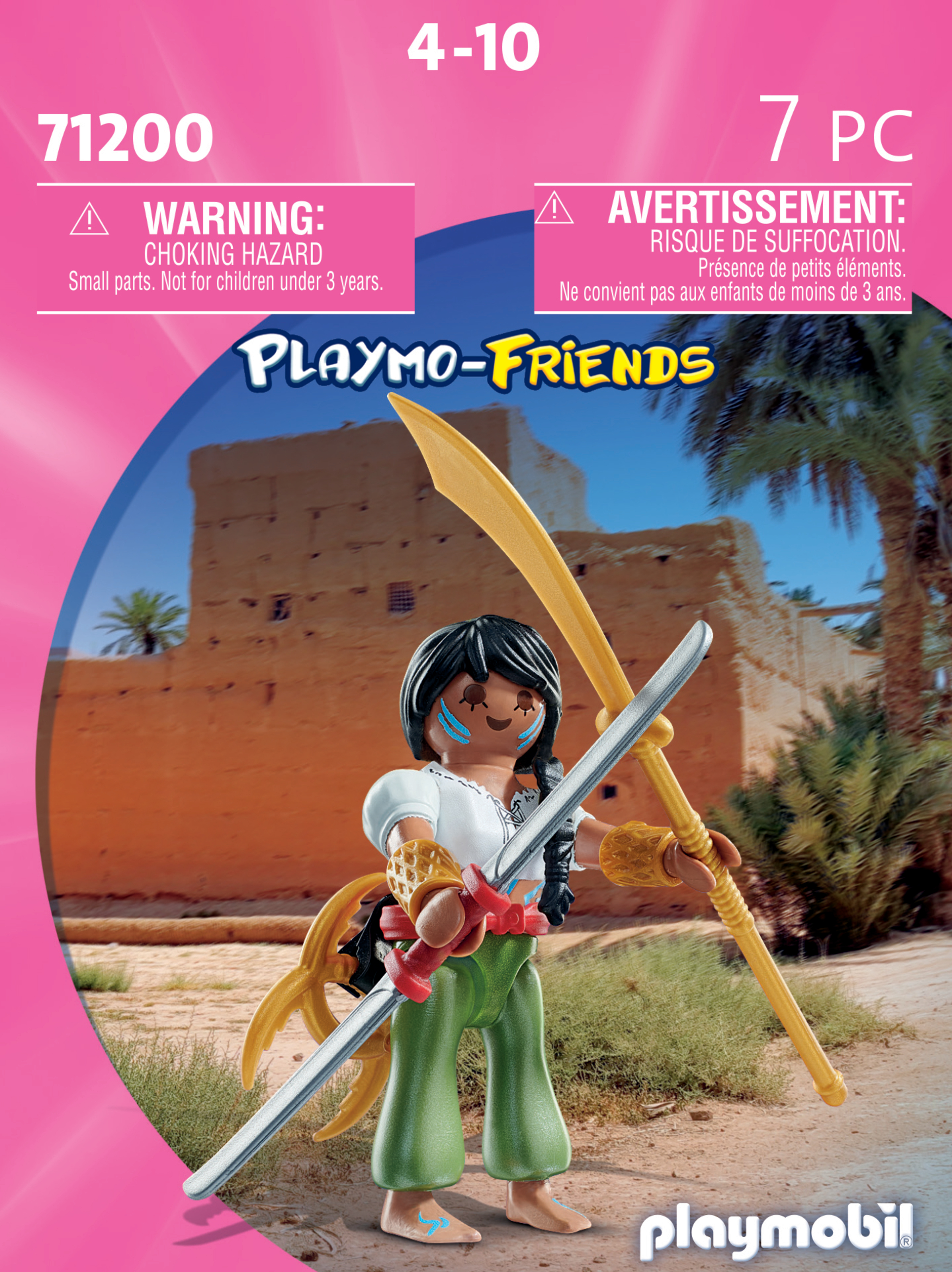 Playmobil-Figur mit Säbeln vor einer Wüstenfestung und Palmen.