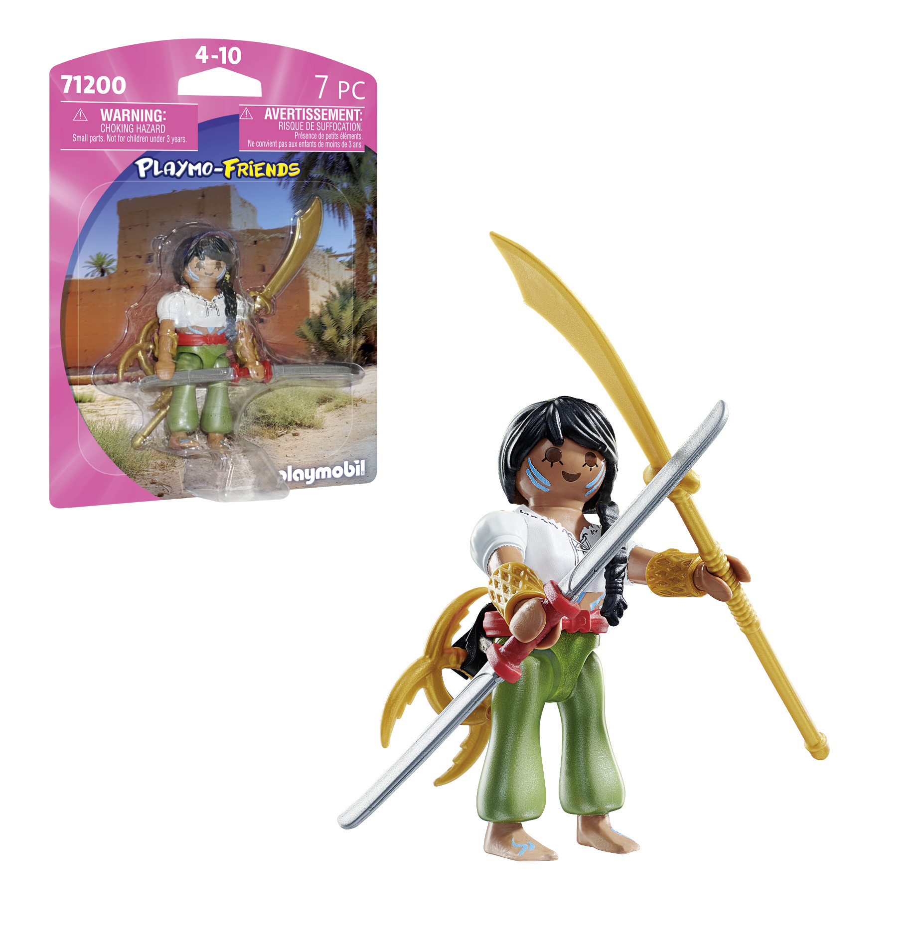 Playmobil-Figur mit Säbeln und Speer in grünen Hosen und weißem Hemd.