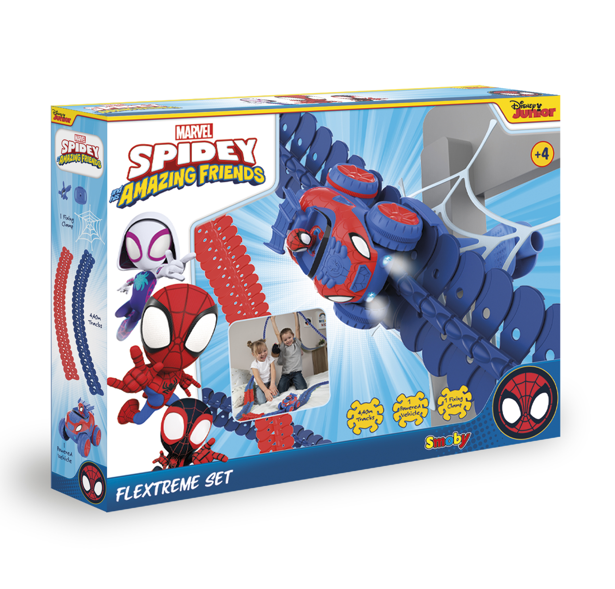 Set di giocattoli di Spiderman con figure, binari blu e rossi e un veicolo.