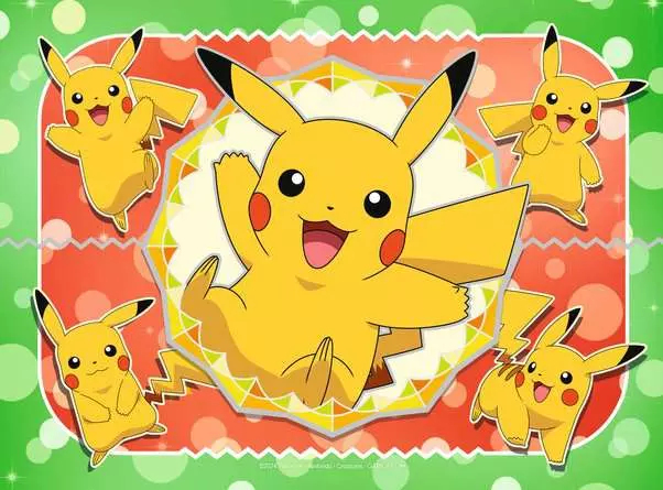 Fünf Pikachu auf einem lebhaften Hintergrund mit roten und grünen Kreisen.