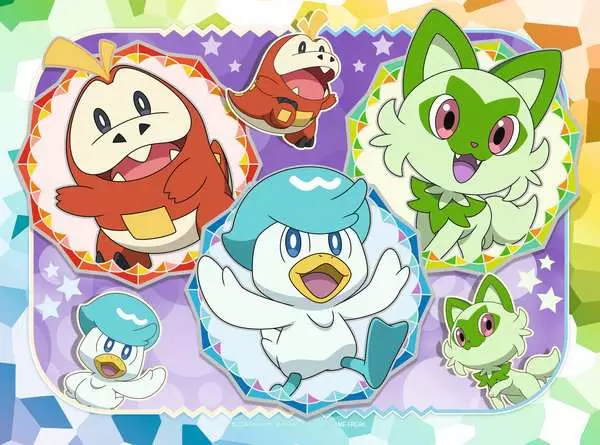 Fünf bunte Pokémon-Figuren auf einem lila und weißen Hintergrund.