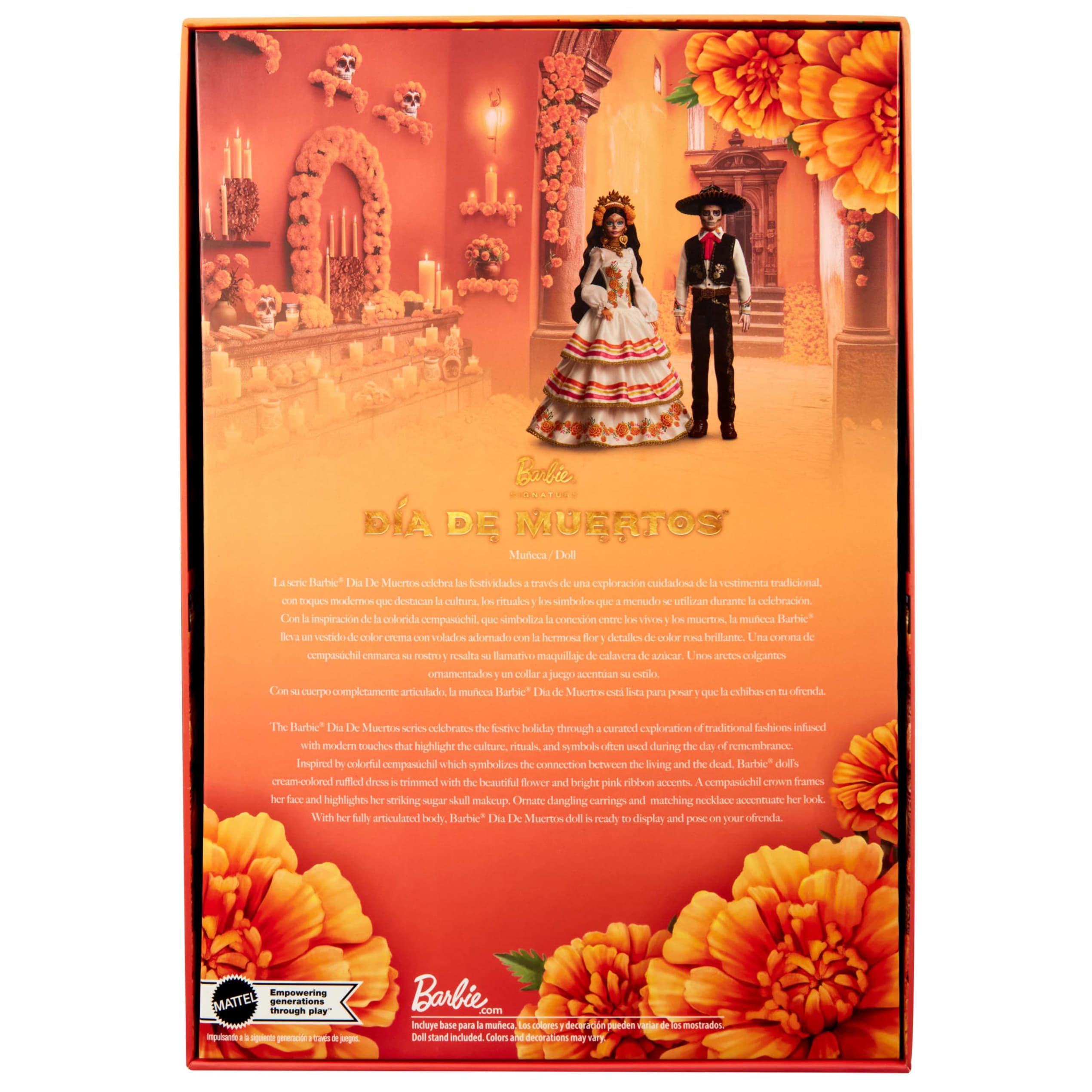Muñeca Barbie Día de Muertos con atuendo tradicional, decoración floral y maquillaje de calavera.