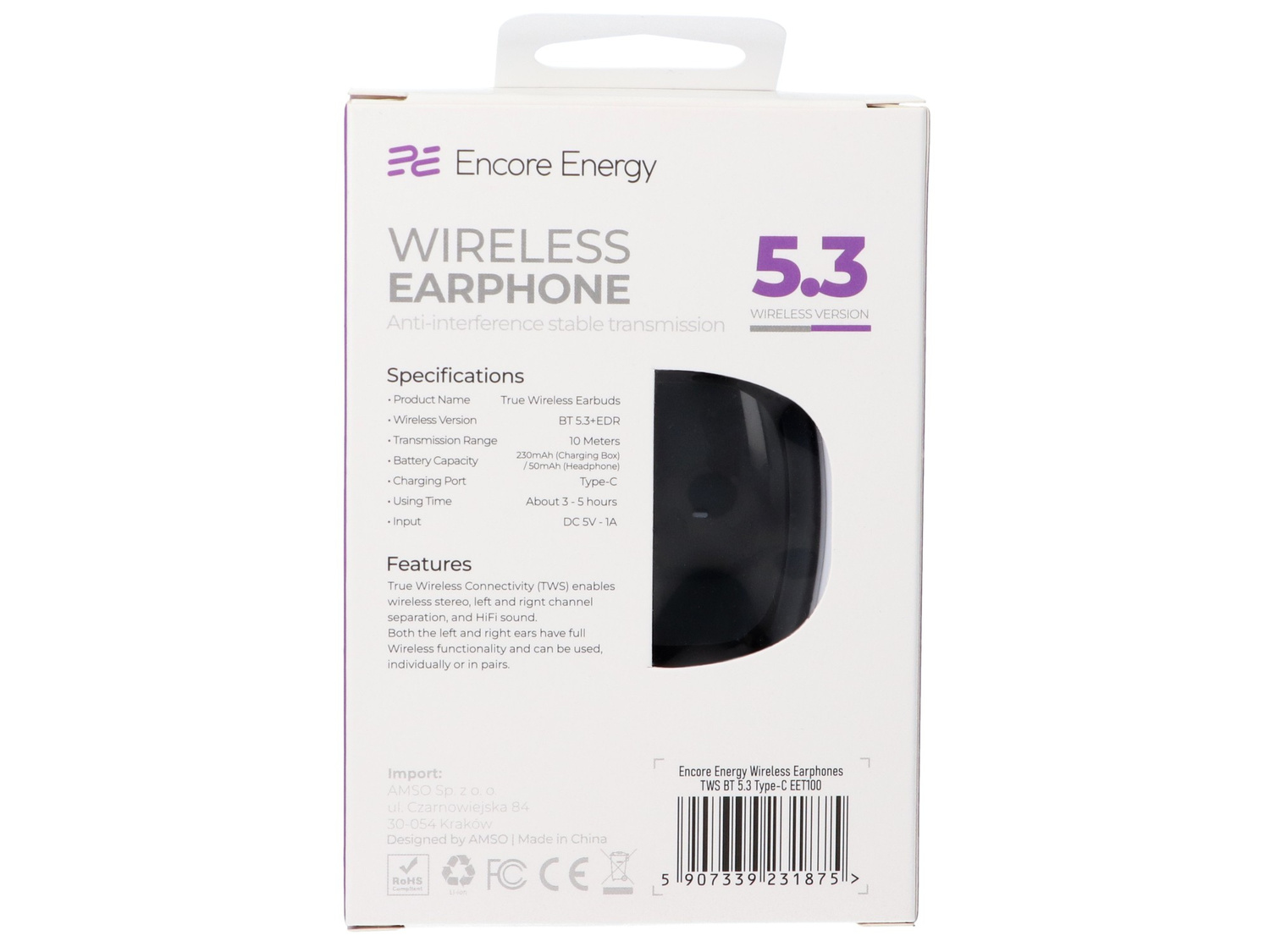 Pudełko słuchawek True Wireless Encore Energy z BT 5.3 i etui ładującym.