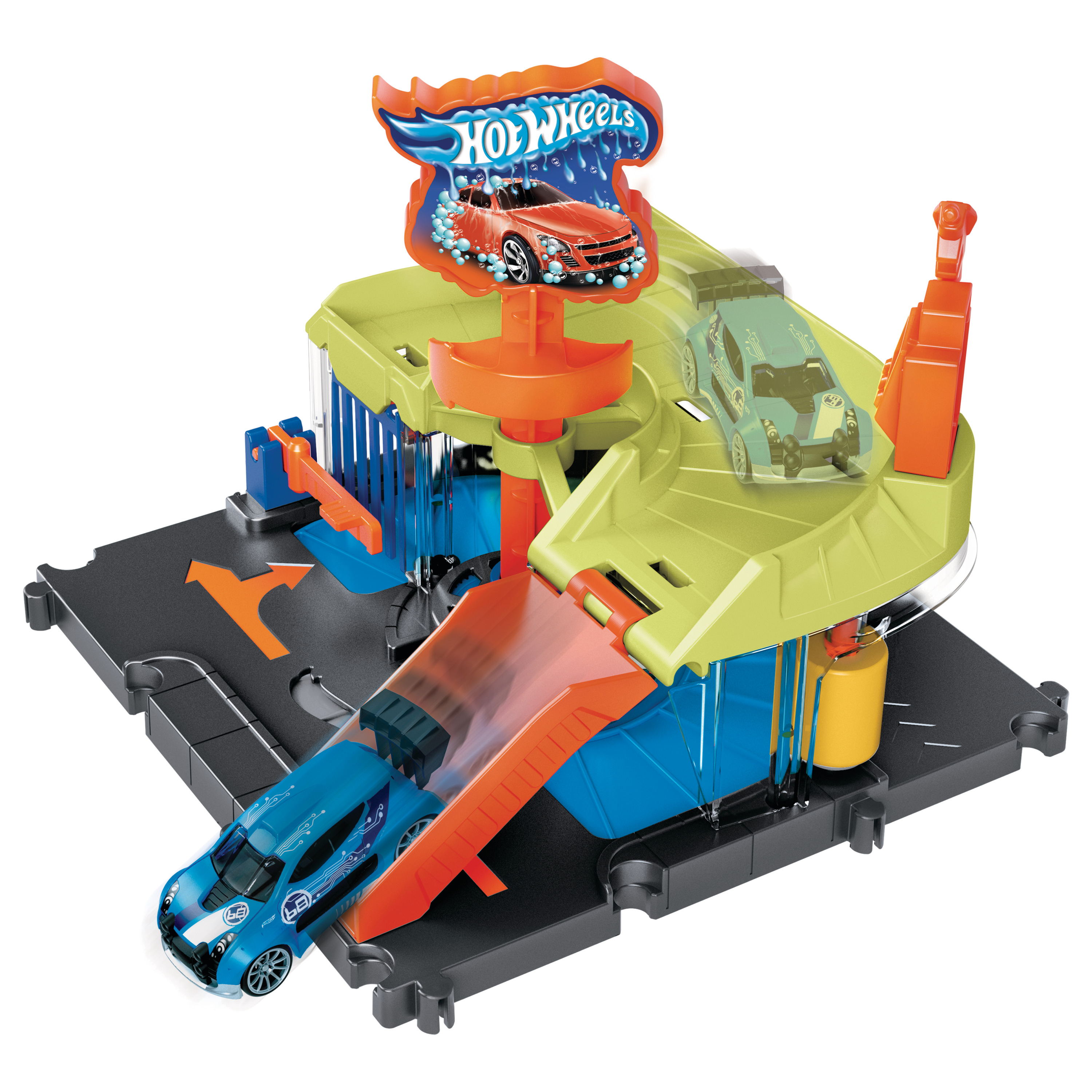 Hot Wheels Autowaschspielset mit blauen und grünen Autos auf orangen und grünen Bahnen.