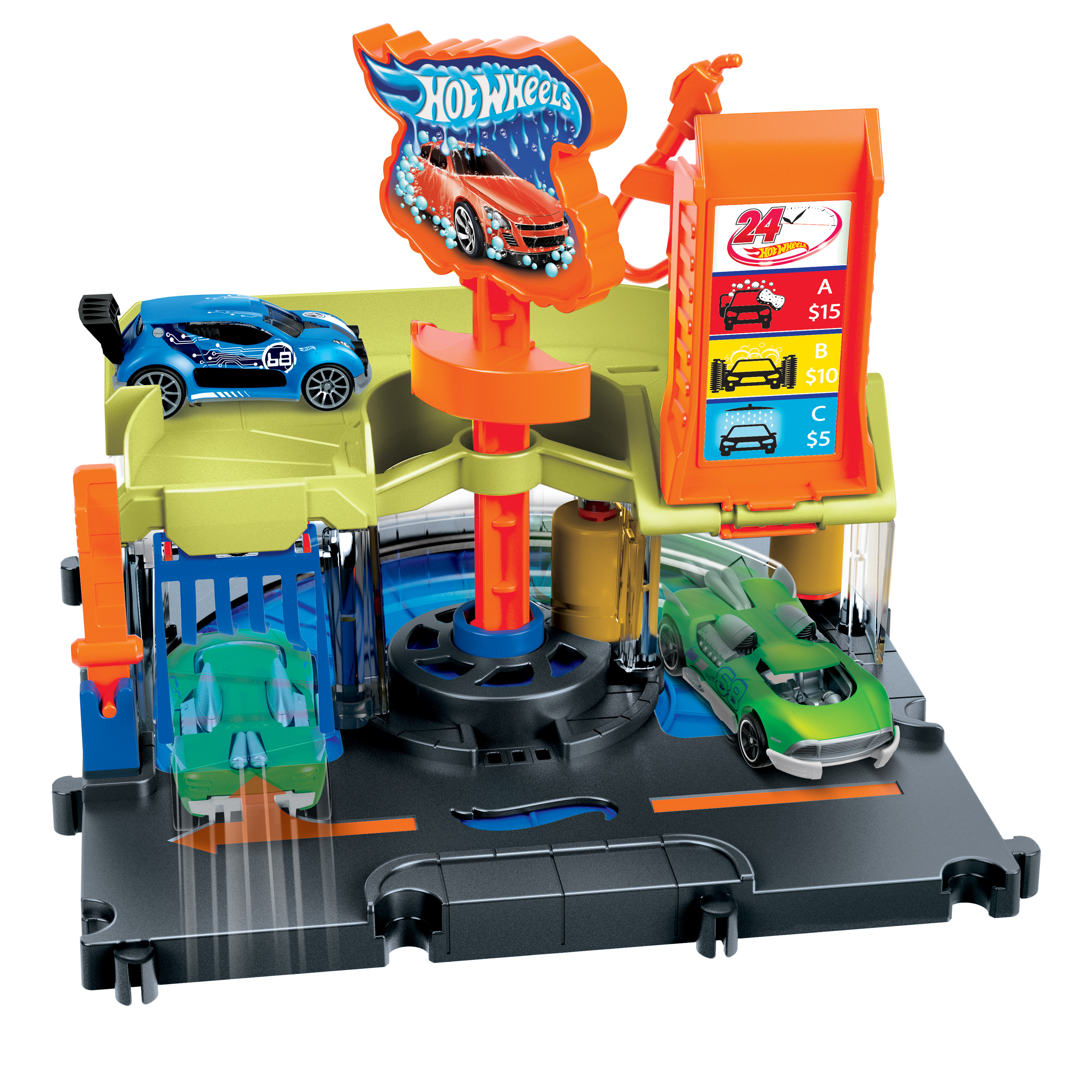 Ein Hot Wheels Spielzeug-Autobahn-Set mit Autos und einer Waschanlage.