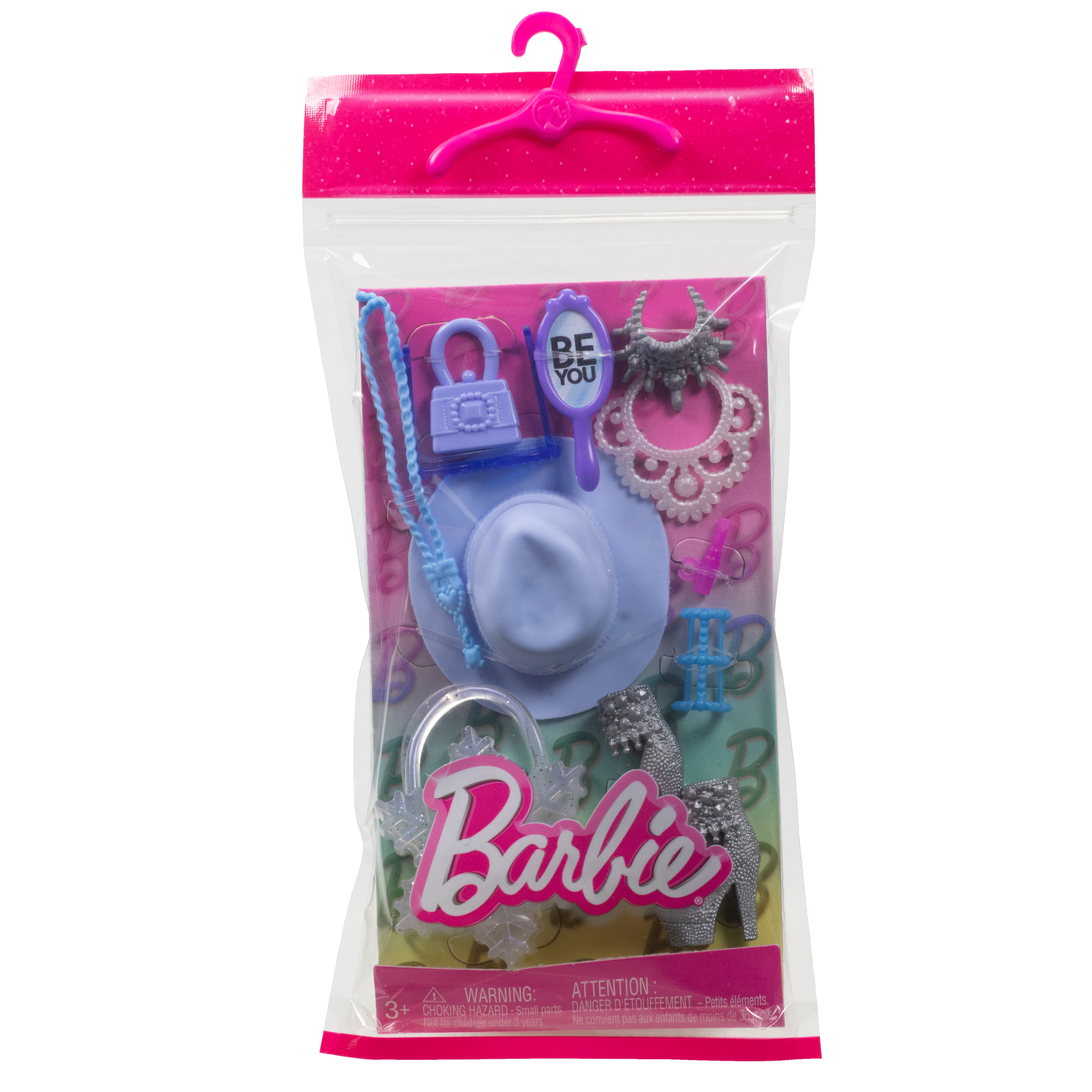 Barbie-Accessoires-Set in Verpackung mit Hut, Tasche, Spiegel, Schmuck und Schuhen.