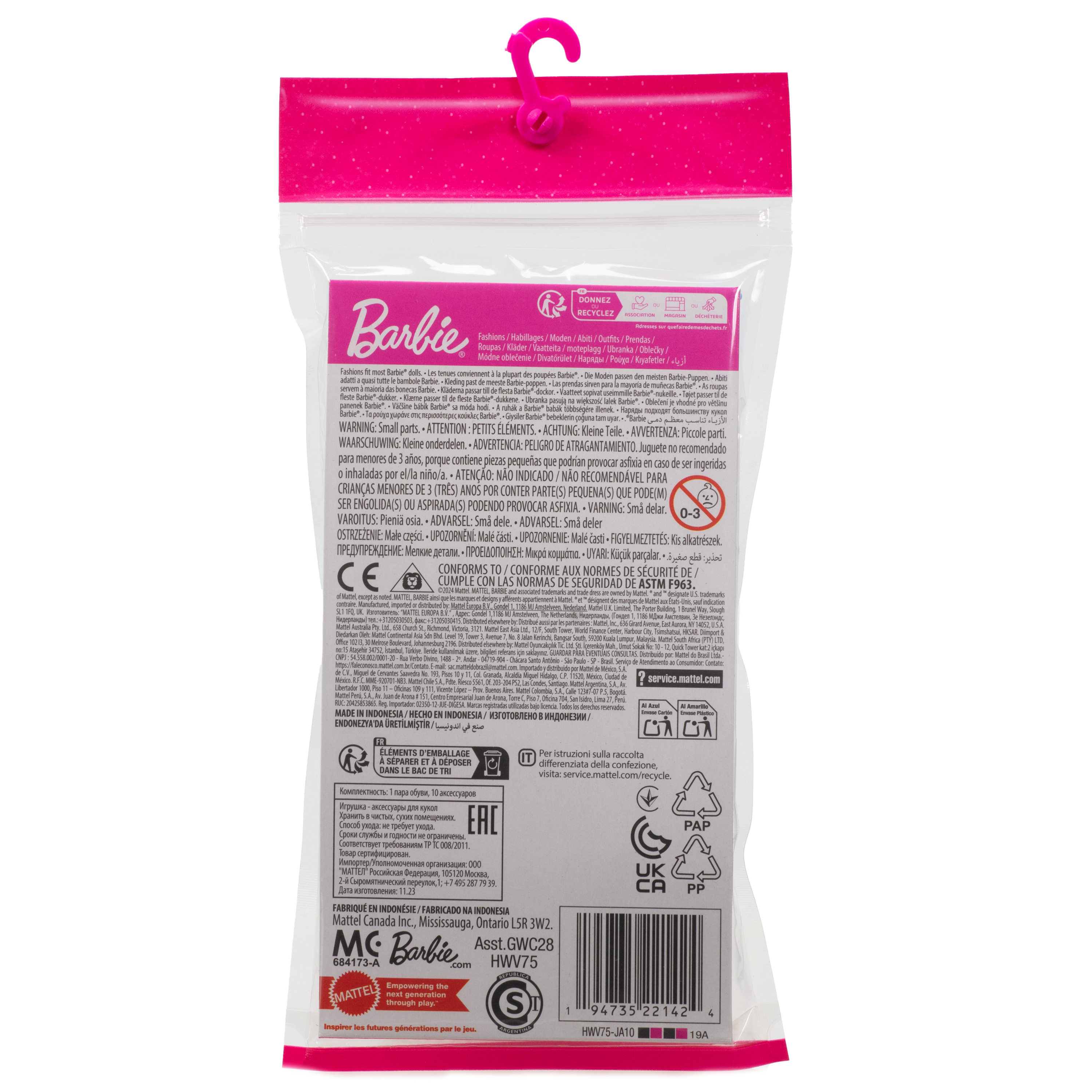Barbie-Modepackung mit Aufhänger. Enthält Warnhinweise und Produktinformationen.