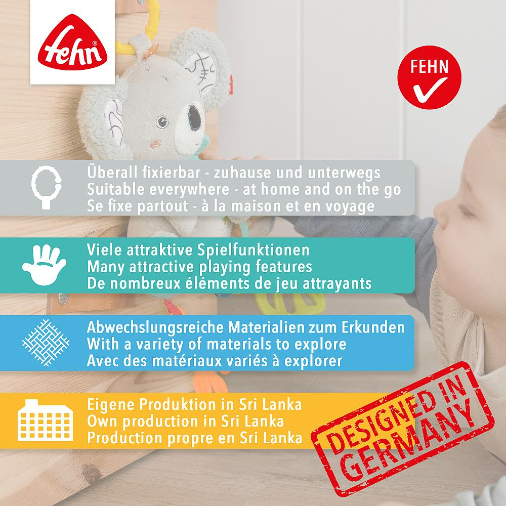 Ein Koala-Greifling mit Textfeldern zu Funktionen, Materialien und Herkunft.