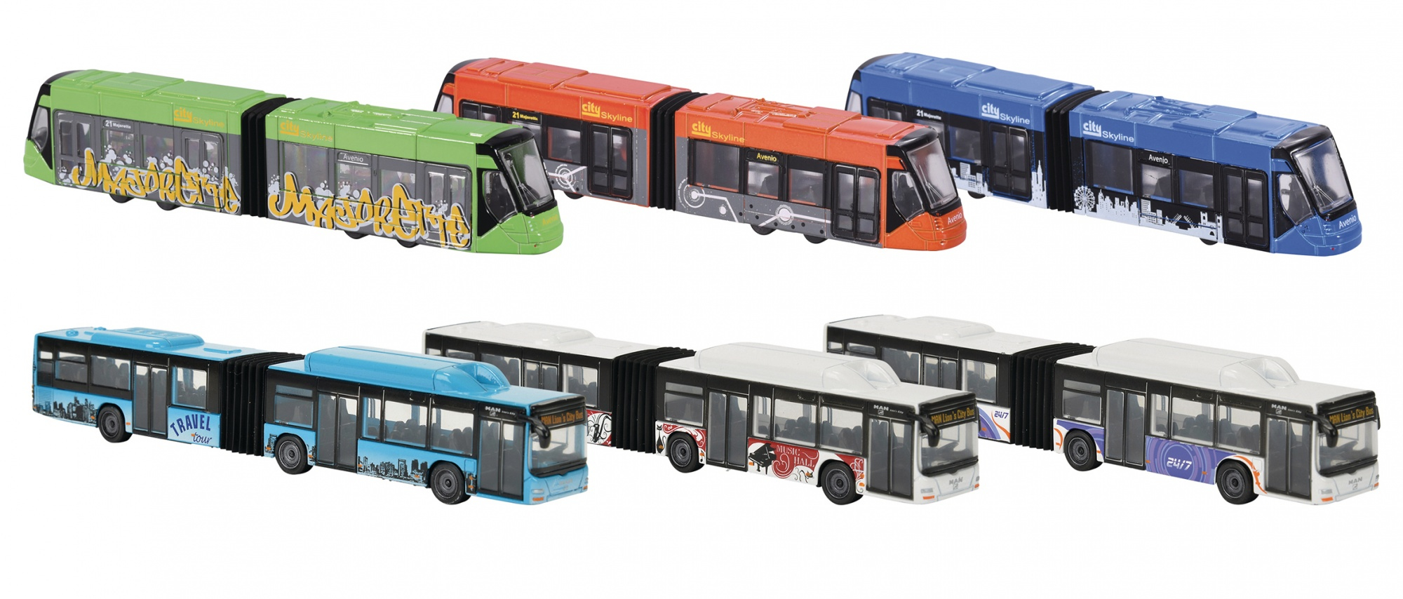 Spielzeugbusse und Straßenbahnen in verschiedenen Farben und Designs.