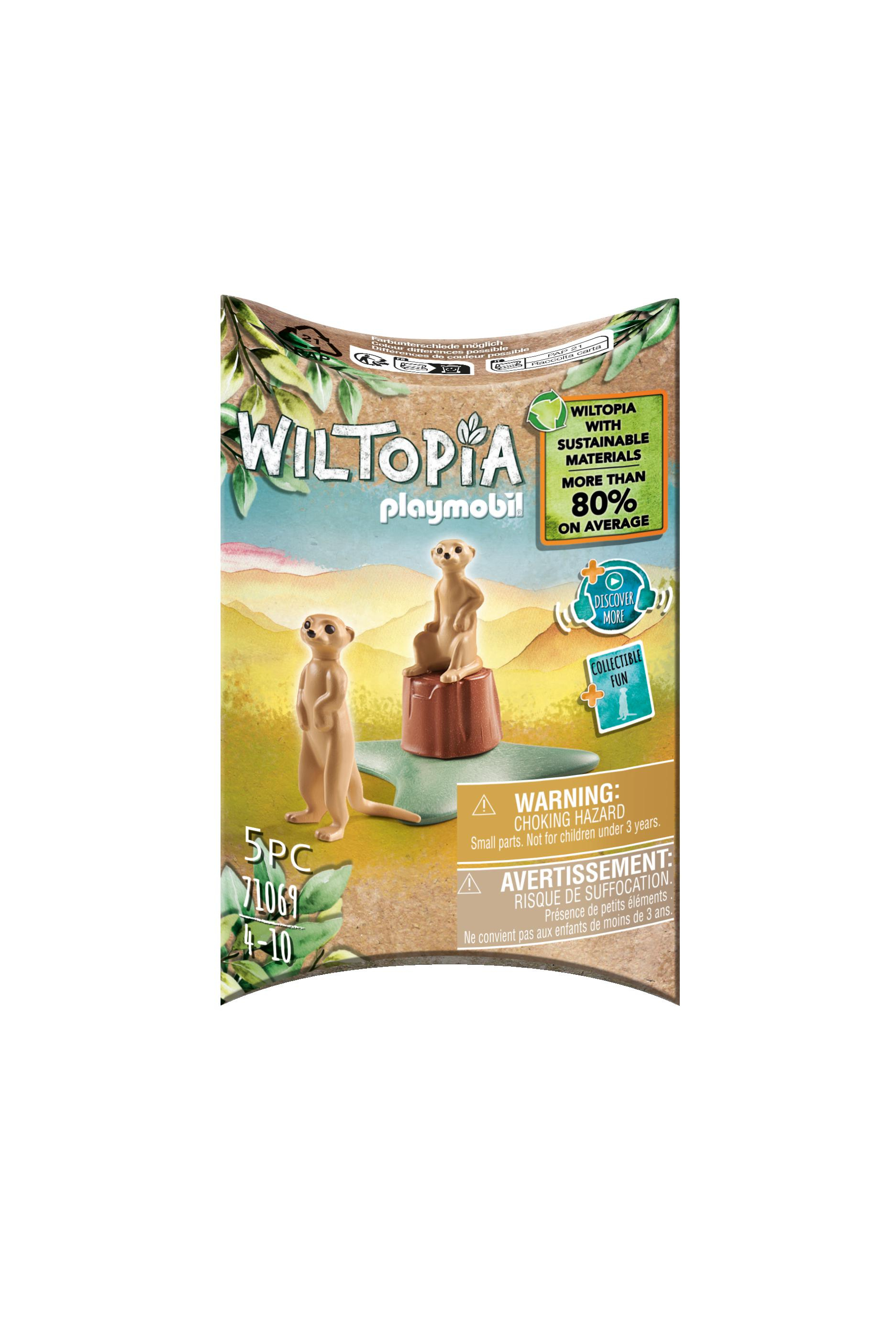 Pudełko Playmobil Wiltopia z dwiema figurkami surykatek, ostrzeżeniami i informacjami ekologicznymi.