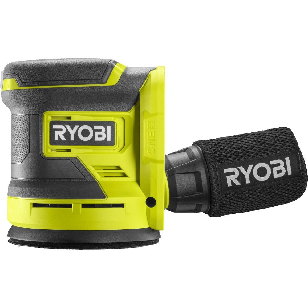 Grüner und schwarzer Ryobi Exzenterschleifer mit Staubfangbeutel.