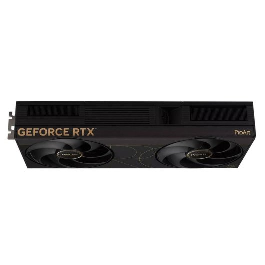 Czarna karta graficzna z dwoma wentylatorami, złotymi logo 'GEFORCE RTX' i 'ProArt', na białym tle.