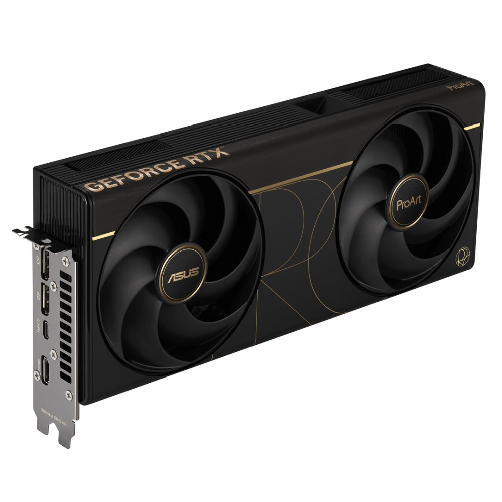 Czarna karta graficzna ASUS GeForce RTX z dwoma wentylatorami i złotymi akcentami.