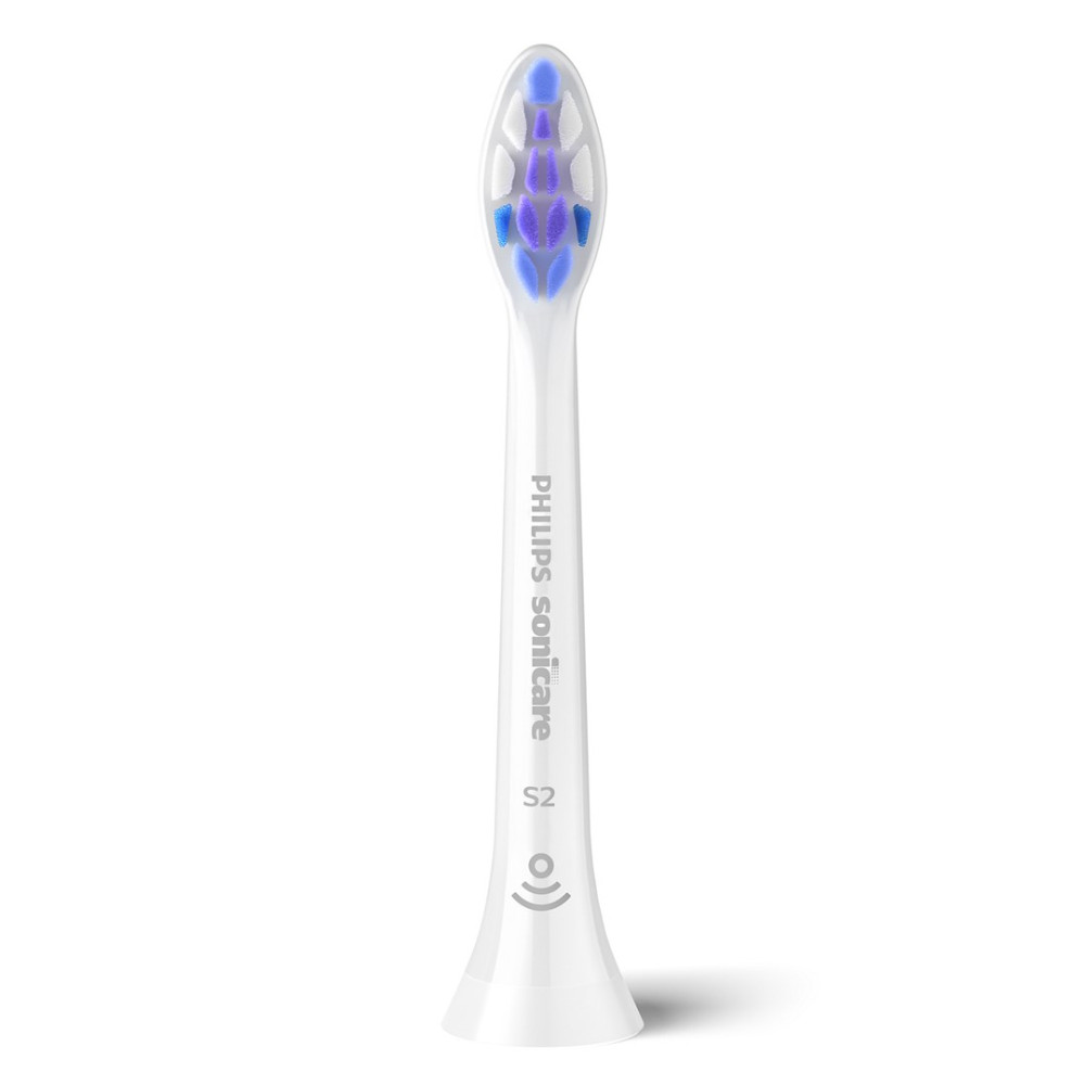 Spazzolino Philips Sonicare bianco con setole blu e marchio S2.
