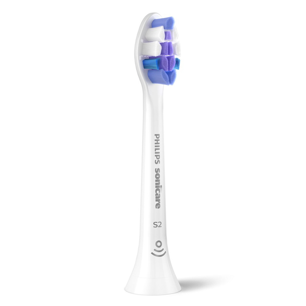 Testina bianca Philips Sonicare S2 con setole blu e viola.
