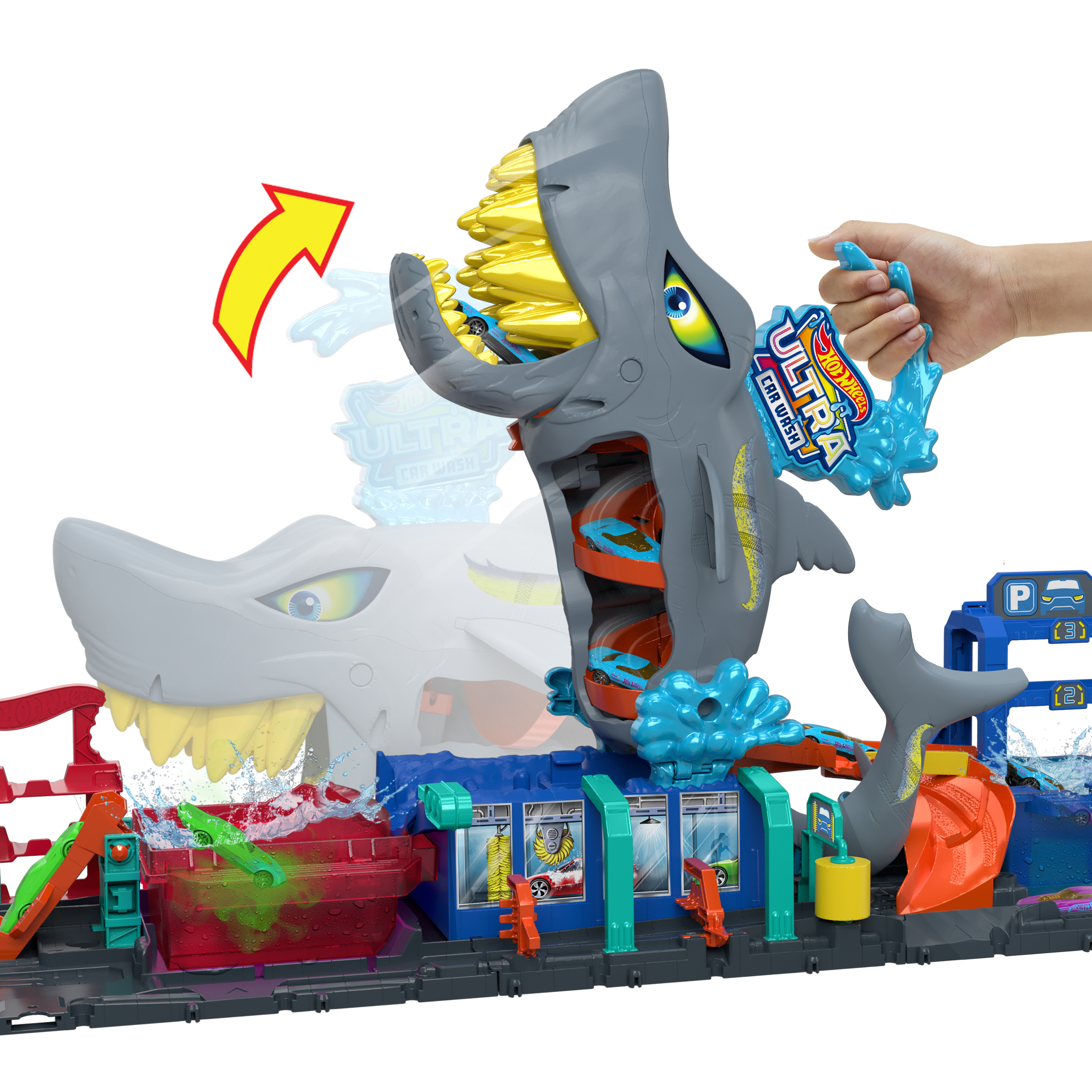 Hot Wheels Hai-Autowasch-Spielzeug mit Autos, Wasser und Hand.