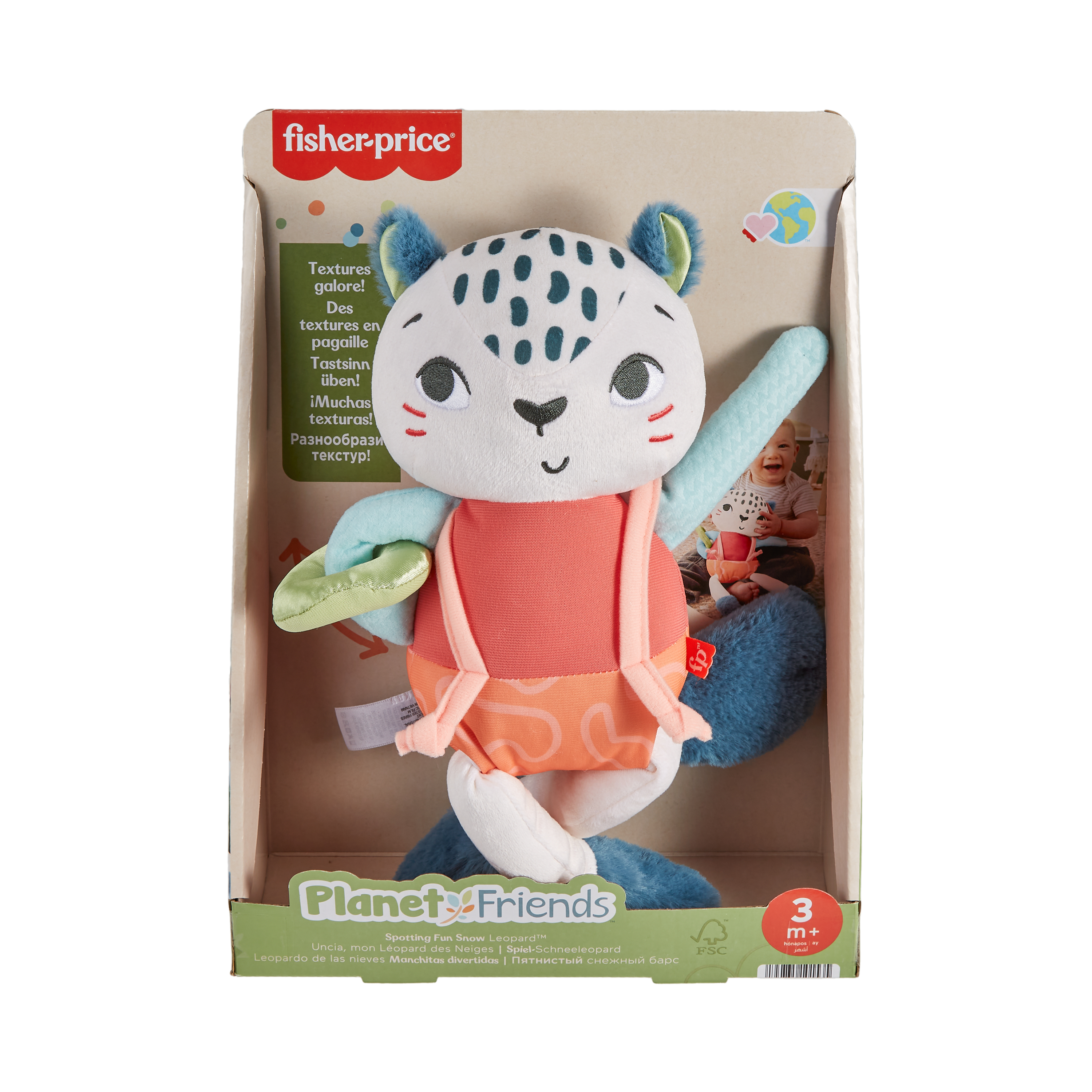 Peluche de leopardo en embalaje. Logotipo de Fisher-Price arriba.