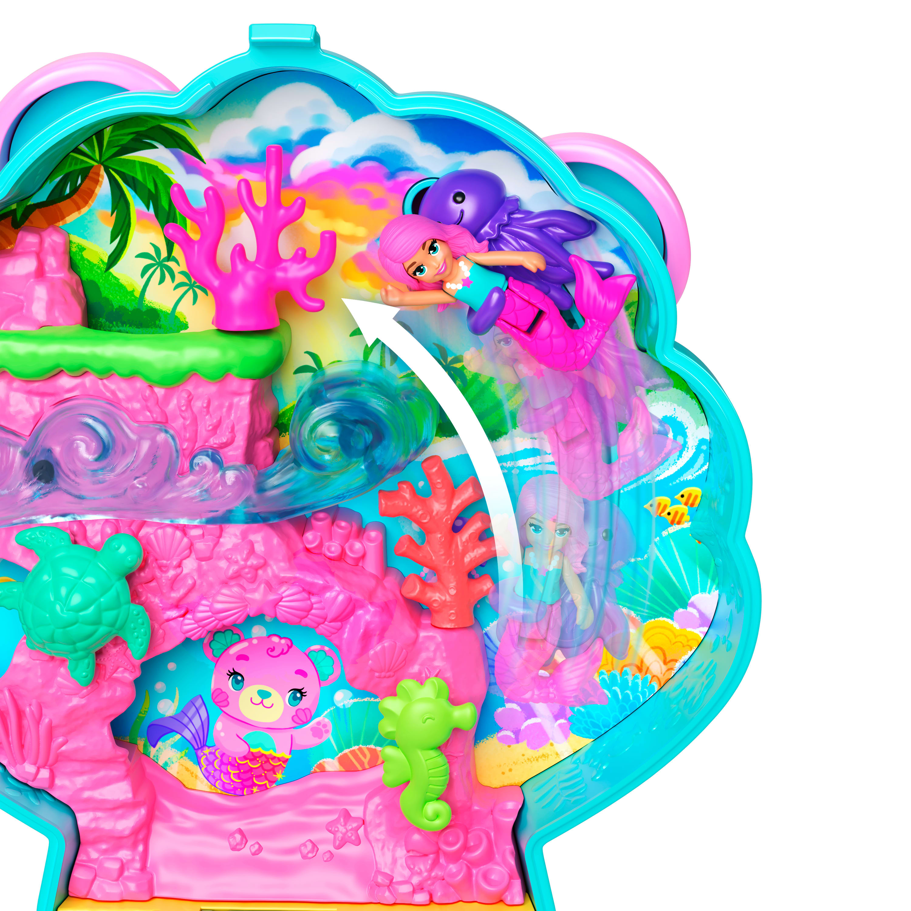 Spielzeug-Meereswelt mit Meerjungfrauenpuppe, Oktopus, Schildkröte, Seepferdchen und Korallen.